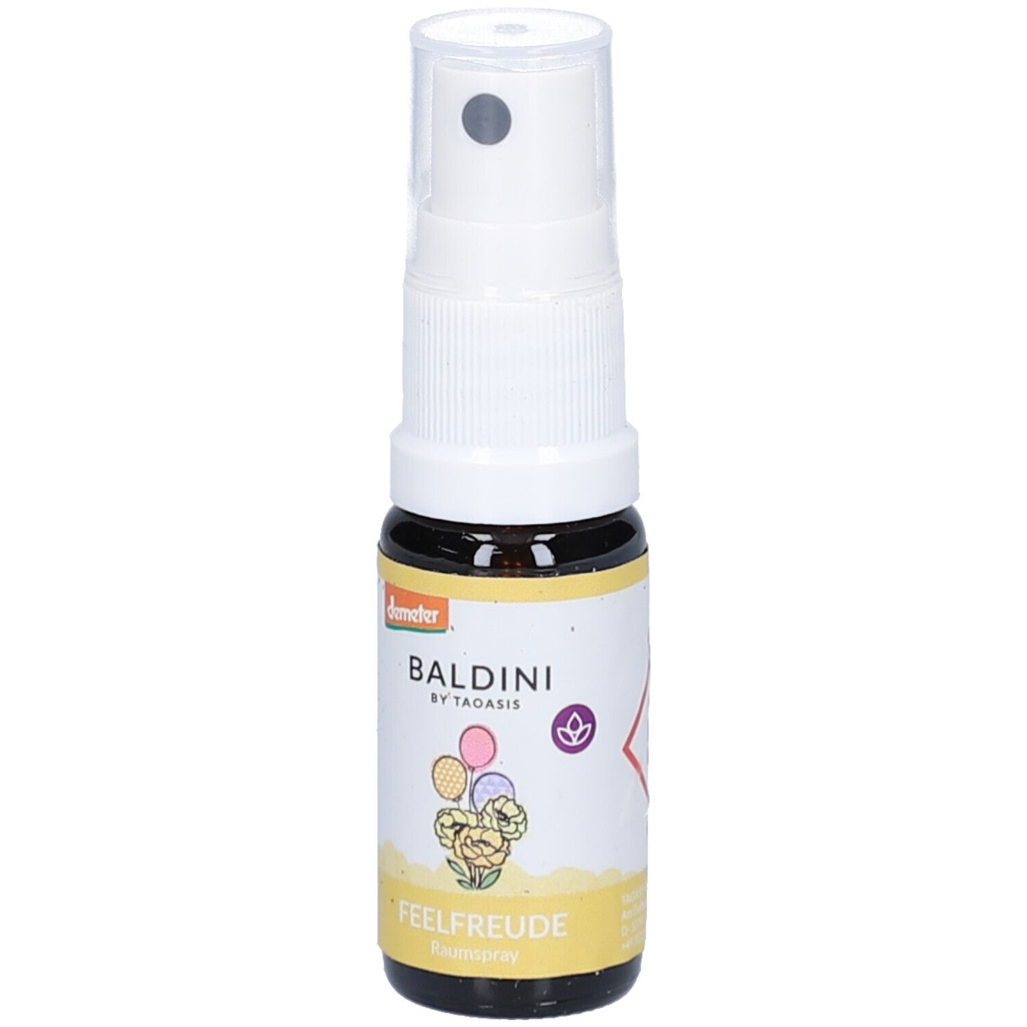 Braune Glasflasche mit weißem Sprühkopf. Aufkleber mit Produktnamen, Logo und floralem Design. Demeter-Zertifizierung.