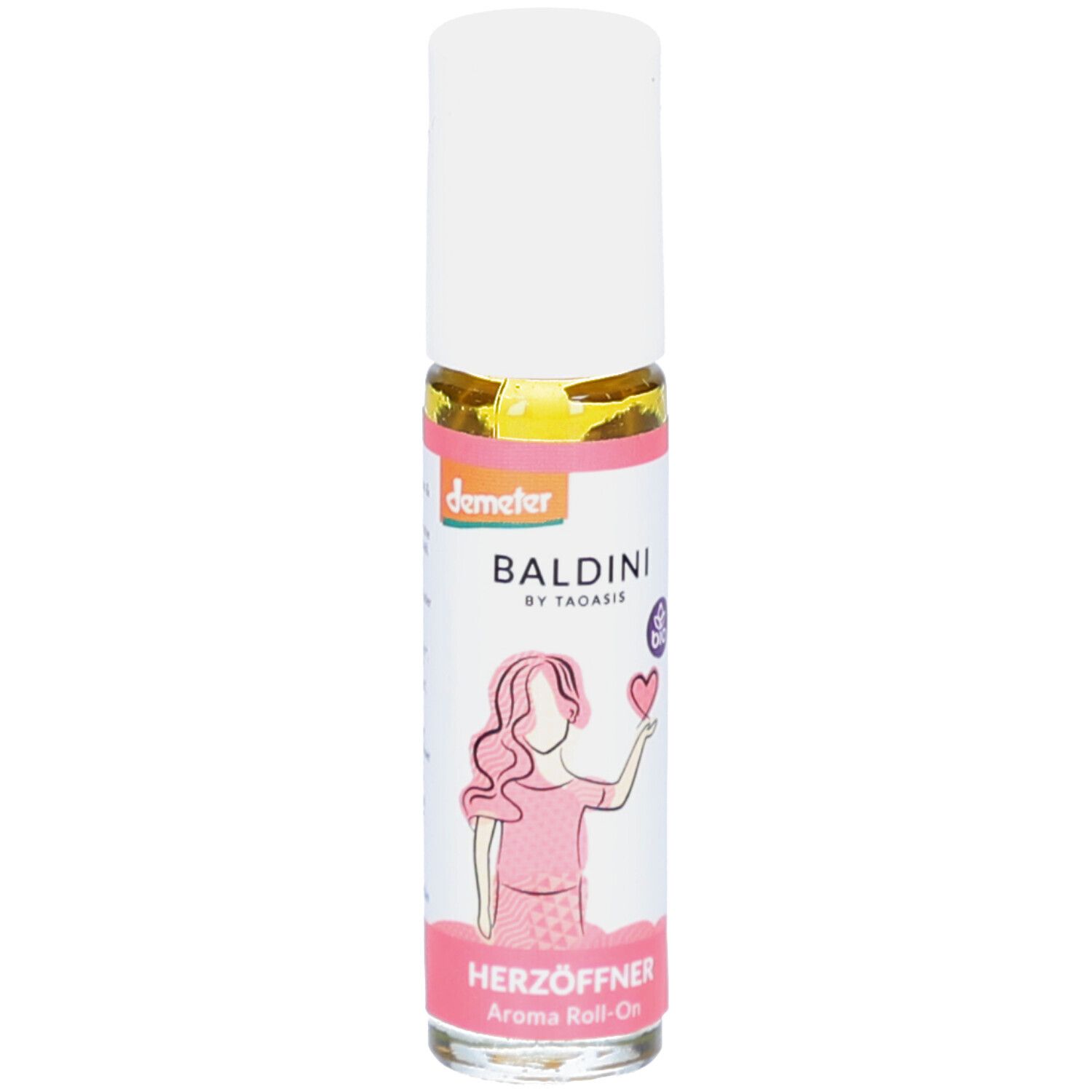 Roll-On-Flasche mit weißem Deckel. Aufschrift: Baldini Herzöffner Aroma Roll-On. Illustration einer Frau mit Herz.