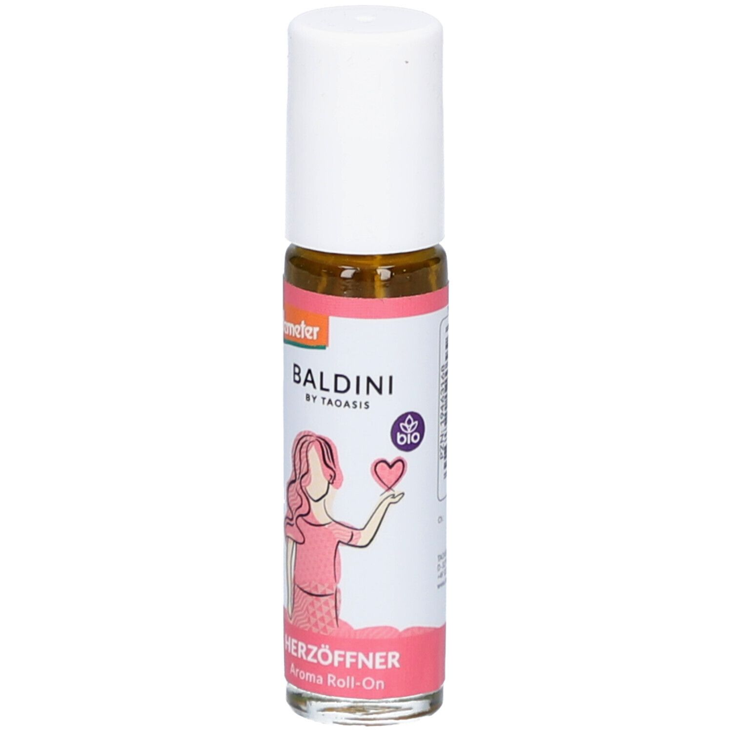 Roll-On-Flasche mit weißem Deckel. Aufschrift: Baldini Herzöffner Aroma Roll-On. Illustration einer Frau mit Herz. Bio-Siegel.