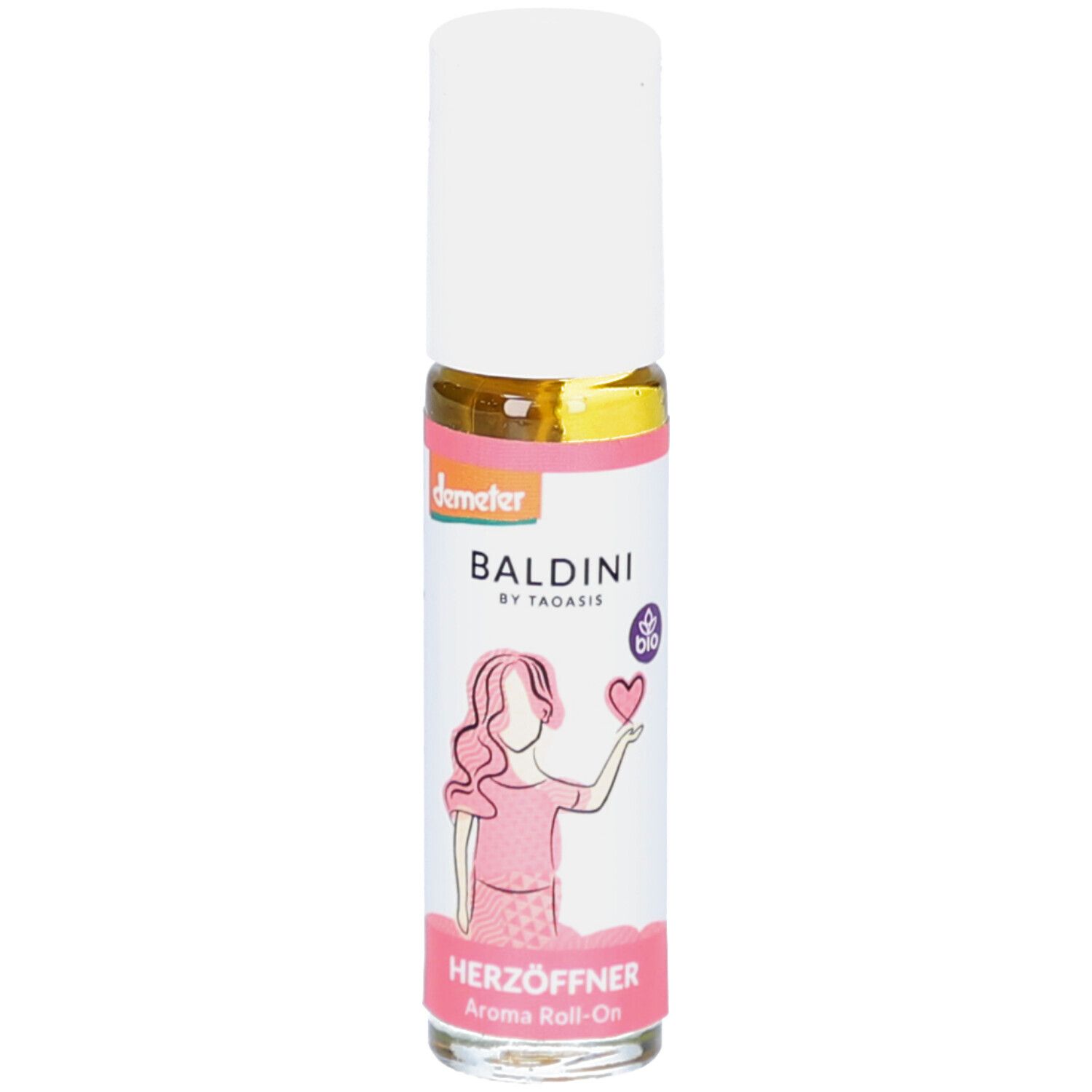 Roll-On-Flasche mit weißem Deckel. Aufschrift: Baldini Herzöffner Aroma Roll-On. Illustration einer Frau mit Herz.