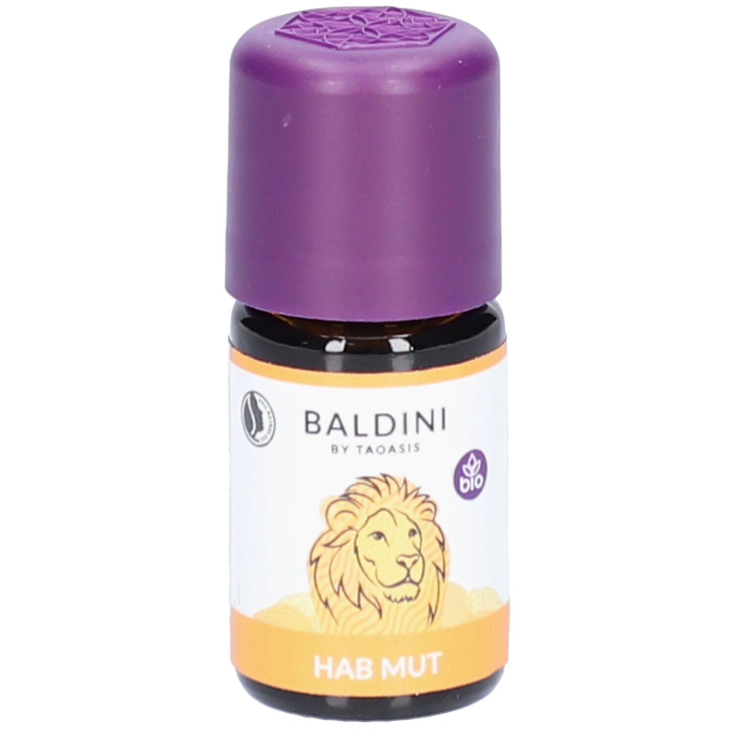 Braune Glasflasche mit lila Verschluss. Aufkleber mit Löwen-Illustration und Schriftzug HAB MUT. Marke: Baldini.