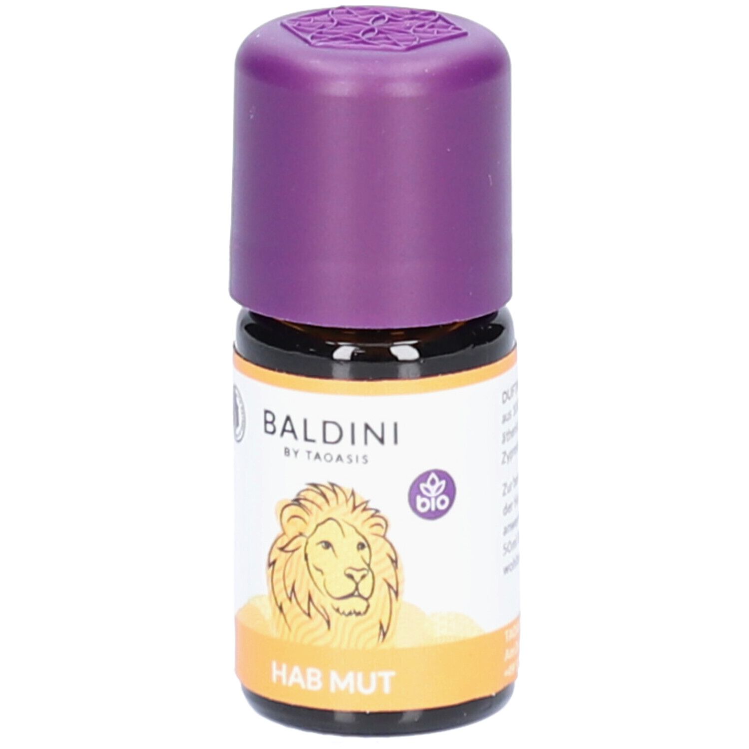 Braune Glasflasche mit lila Verschluss. Aufkleber mit Löwen-Illustration und Schriftzug HAB MUT. Marke: Baldini.