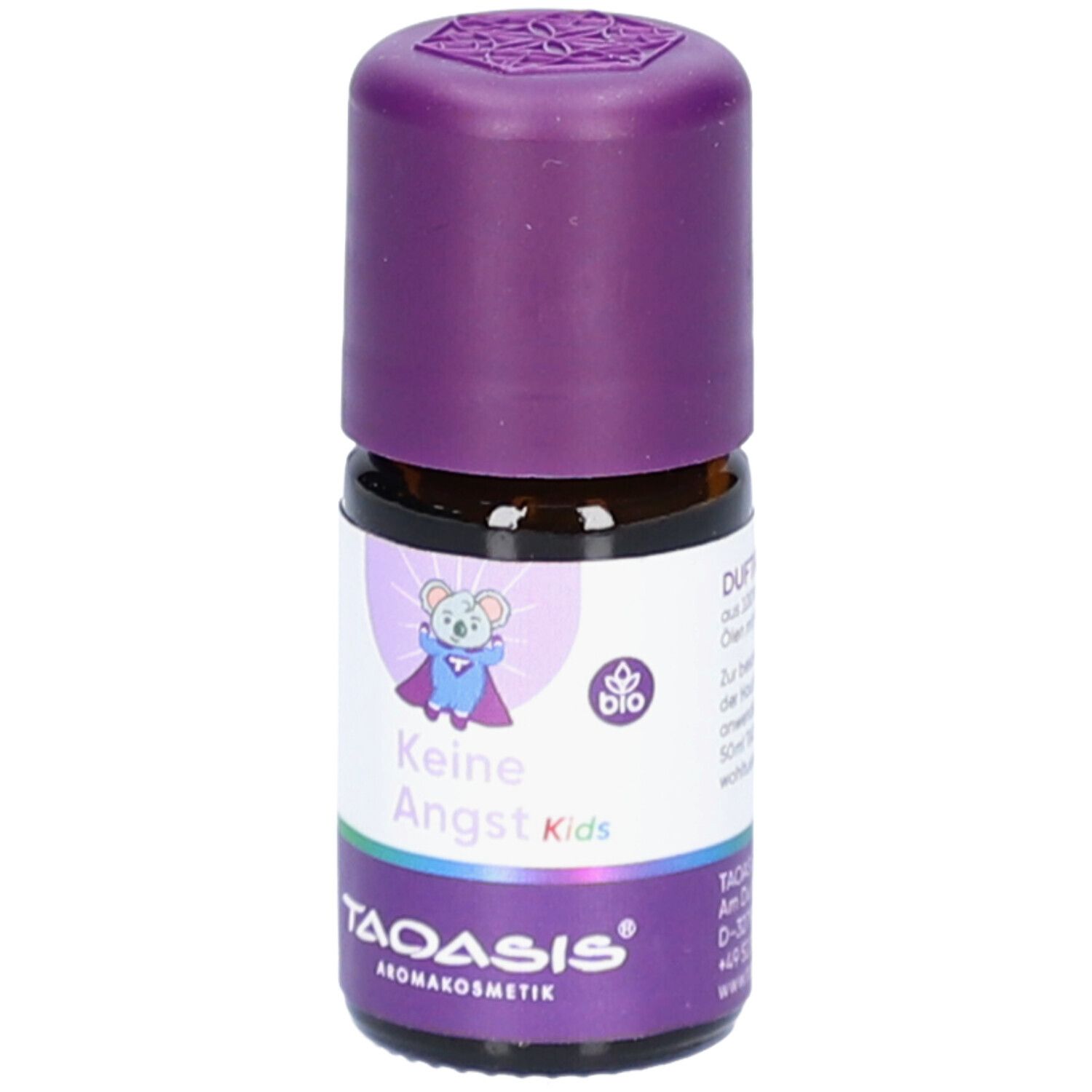 Braune Glasflasche mit lila Verschluss. Etikett mit Text: Keine Angst Kids, Bio-Siegel und TAOASIS Logo. Abbildung eines Superhelden-Koalas.
