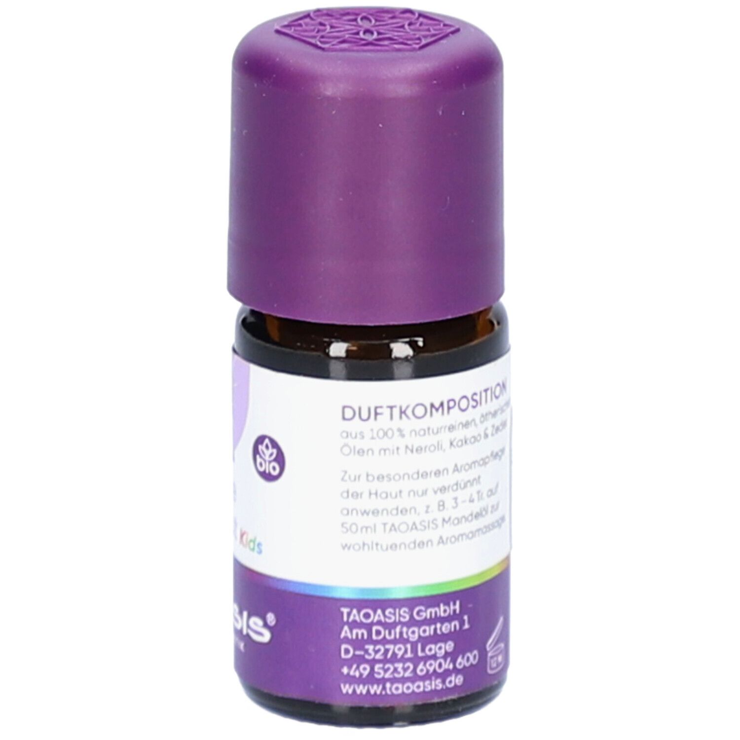 Braune Glasflasche mit lila Verschluss. Etikett mit Text: Duftkomposition, Bio-Siegel, Keine Angst Kids, TAOASIS Logo und Adresse.