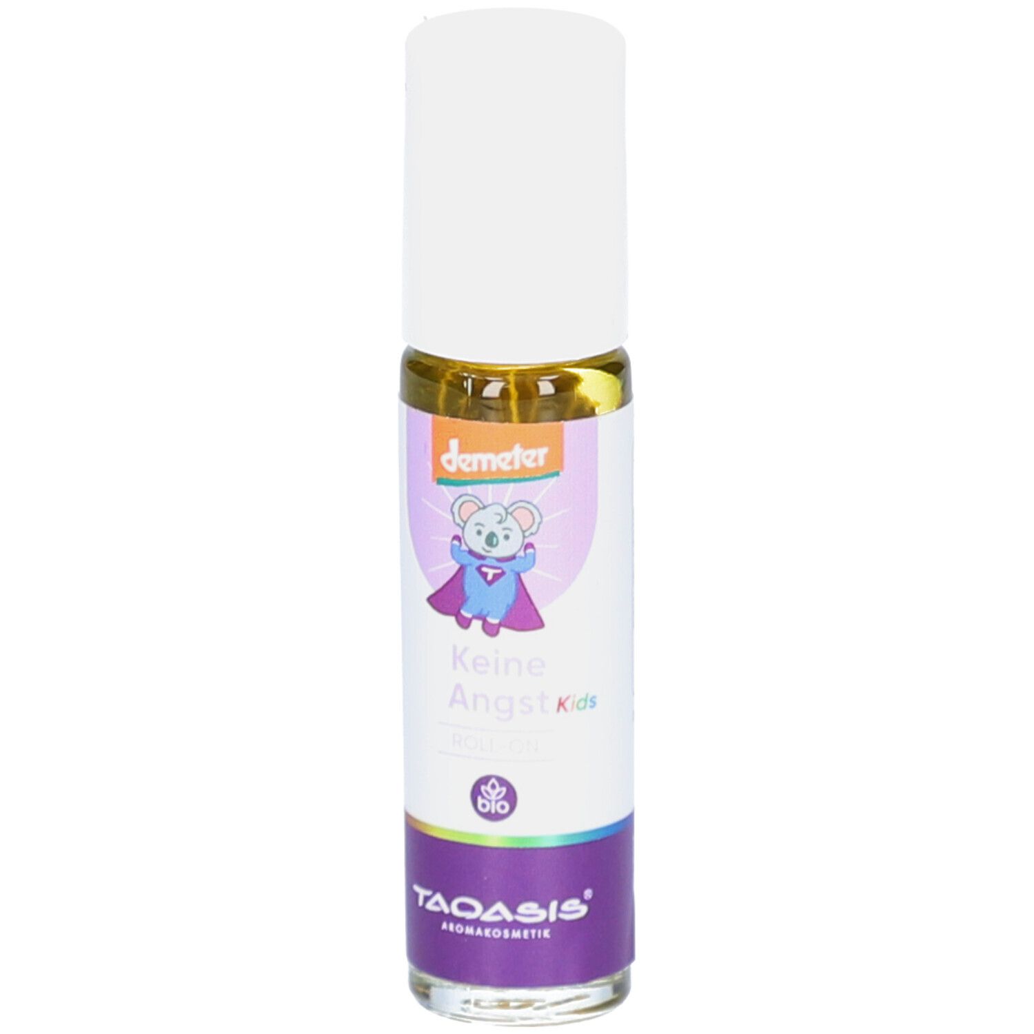 Roll-on-Flasche mit weißem Deckel. Aufschrift: Keine Angst Kids, Demeter-Logo, Bio-Siegel. Lila, weiß und gelbe Farbgebung.