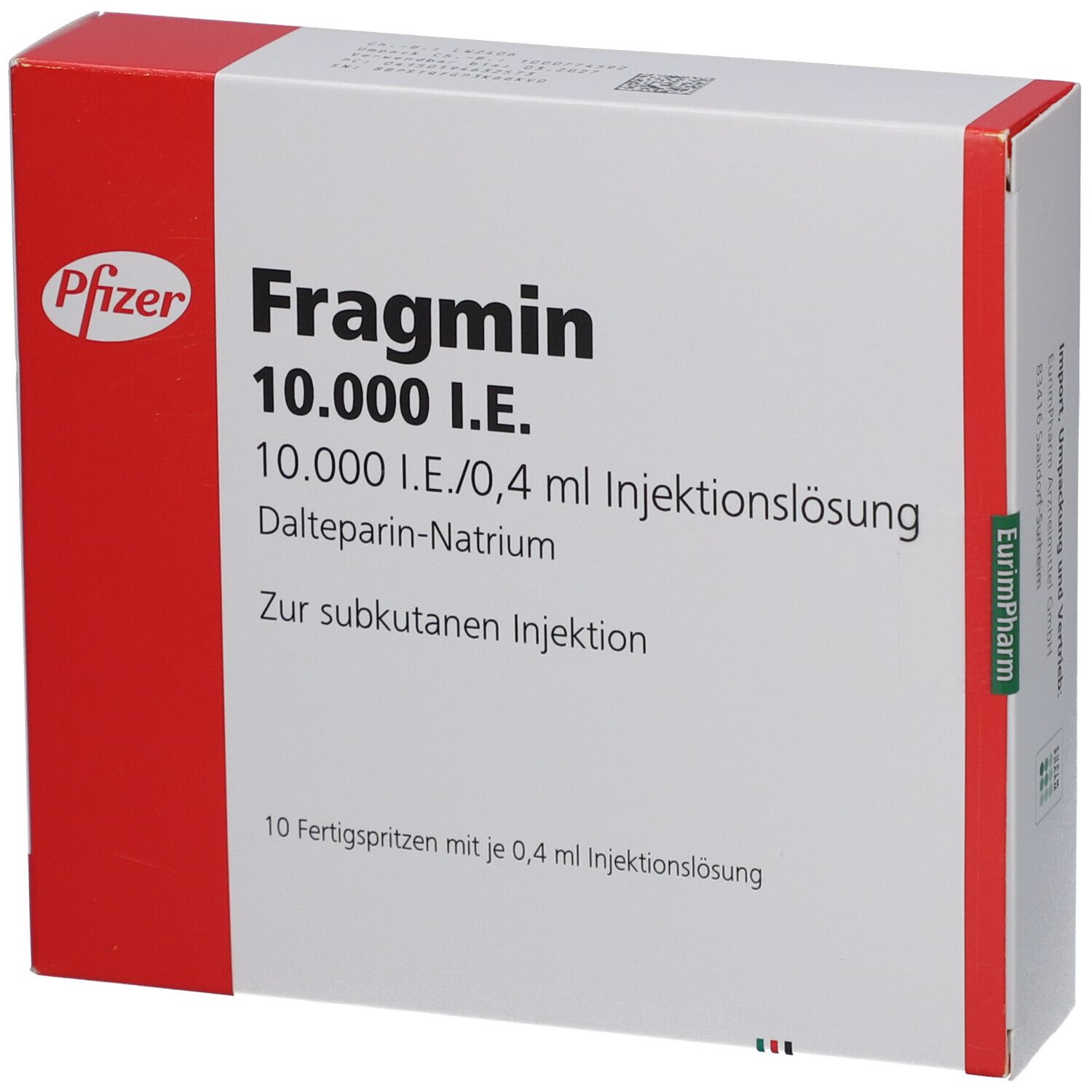 Schachtel mit Fragmin 10.000 I.E. von Pfizer. Enthält 10 Fertigspritzen. Rote und weiße Verpackung mit Produktinformationen.