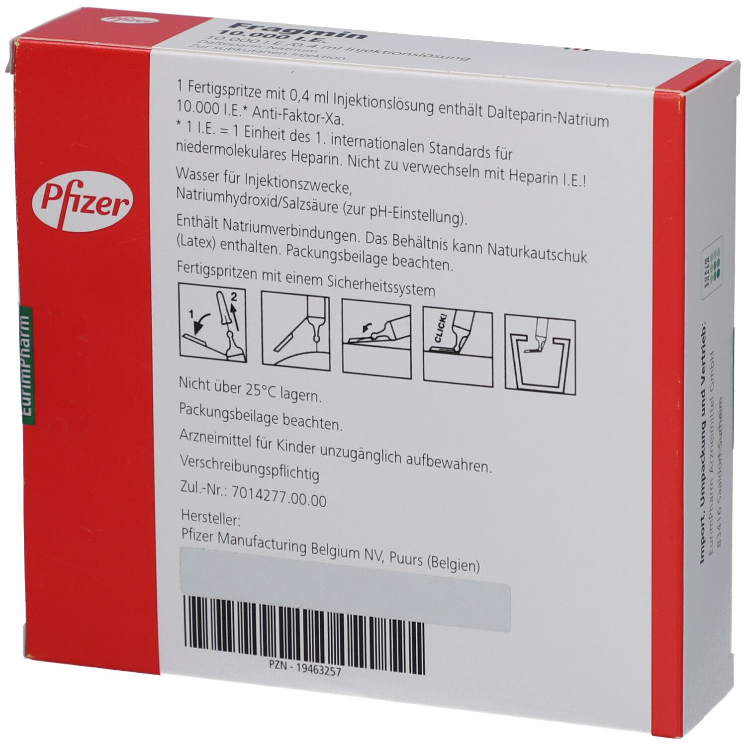 Rückseite der Fragmin 10.000 I.E. Verpackung. Enthält Informationen zu Inhaltsstoffen, Anwendung und Hersteller. Pfizer.