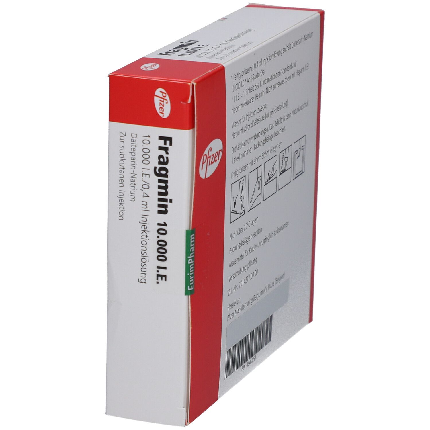 Fragmin 10.000 I.E. Verpackung, Eckansicht. Rote und weiße Schachtel mit Produktinformationen. Pfizer Logo.