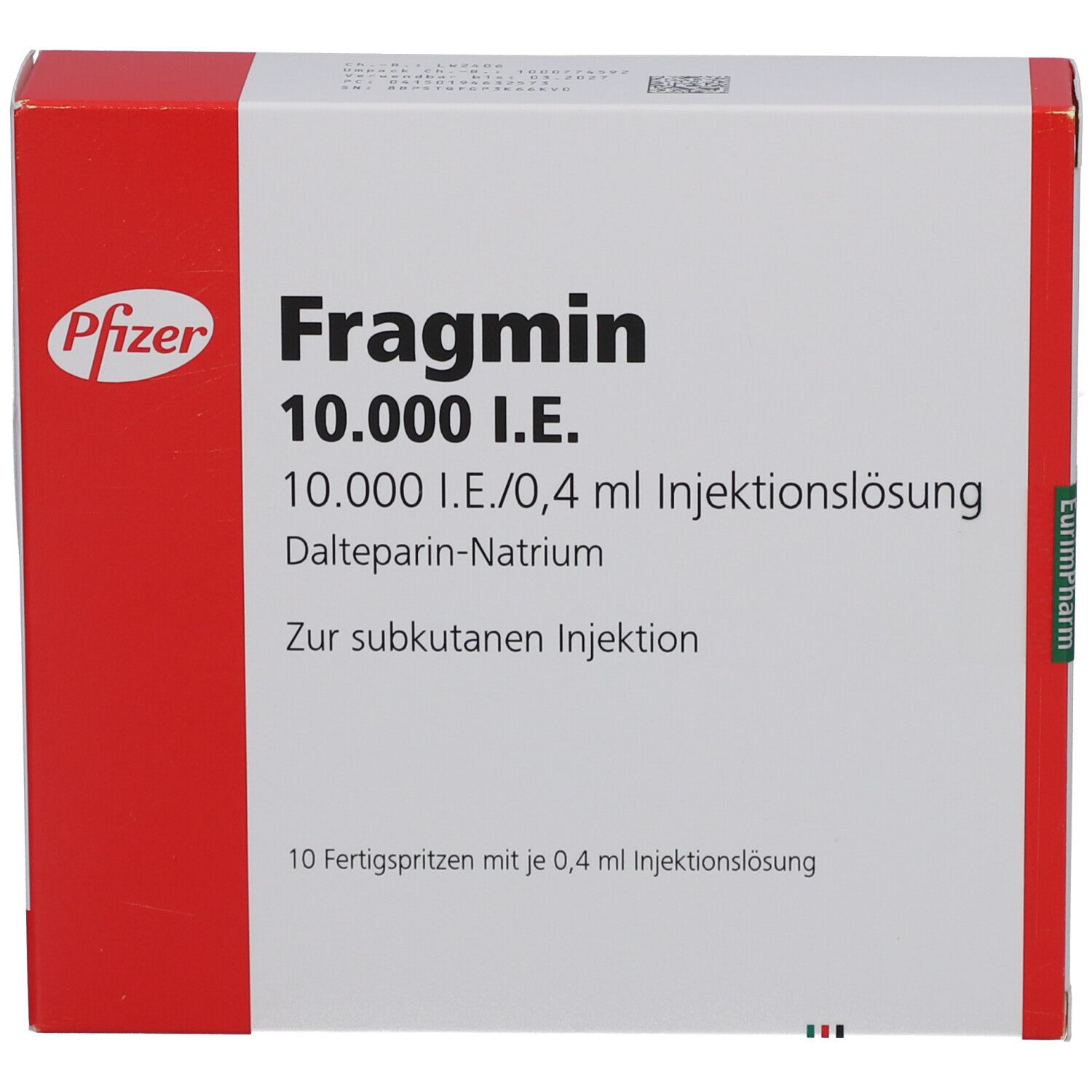 Fragmin 10.000 I.E. Verpackung von Pfizer. Weiße Schachtel mit rotem Rand. Produktinformationen und Logo.