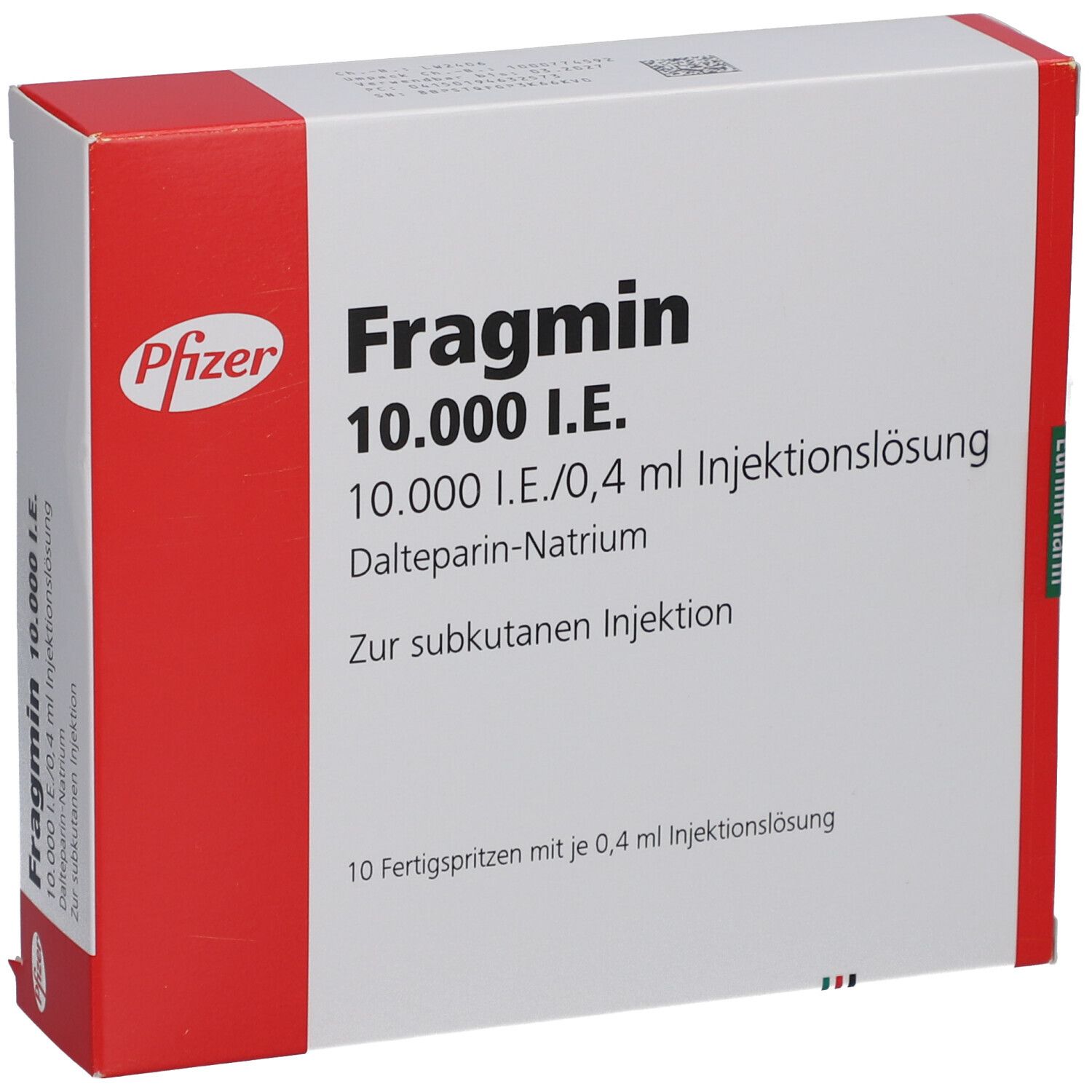 Fragmin 10.000 I.E. Verpackung von Pfizer. Weiße Schachtel mit rotem Rand. Produktinformationen und Logo.