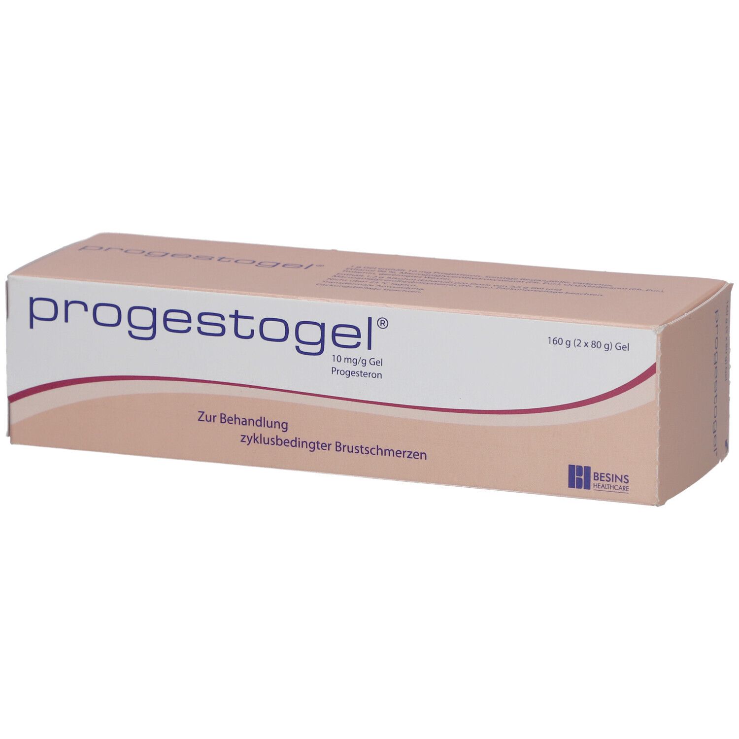 Karton mit Produktaufdruck: PROGESTOGEL. Text: 10 mg/g Gel, Progesteron. Aufschrift: Zur Behandlung zyklusbedingter Brustschmerzen.