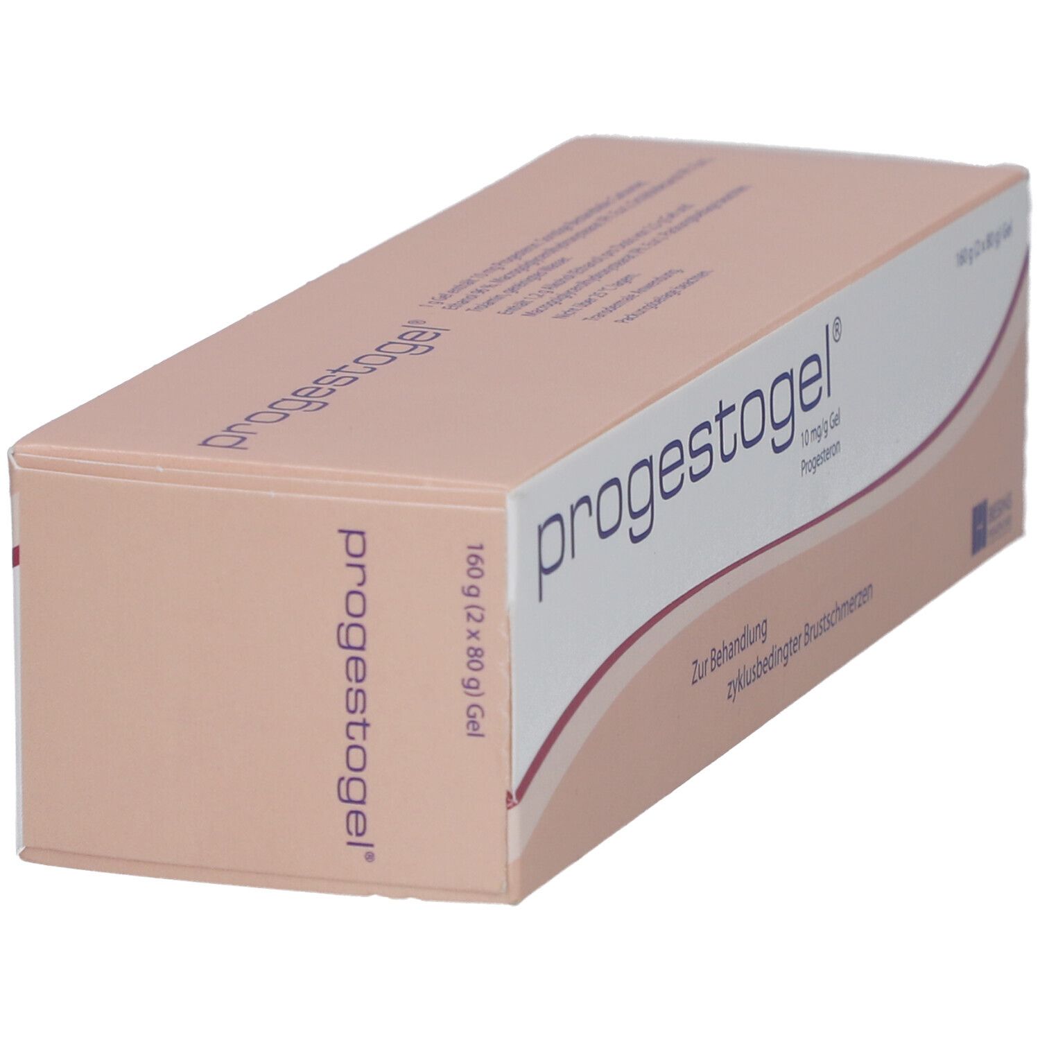 PROGESTOGEL-Verpackung. Aufschrift: 10 mg/g Gel, Progesteron. Text: Zur Behandlung zyklusbedingter Brustschmerzen. Beige und weiß.