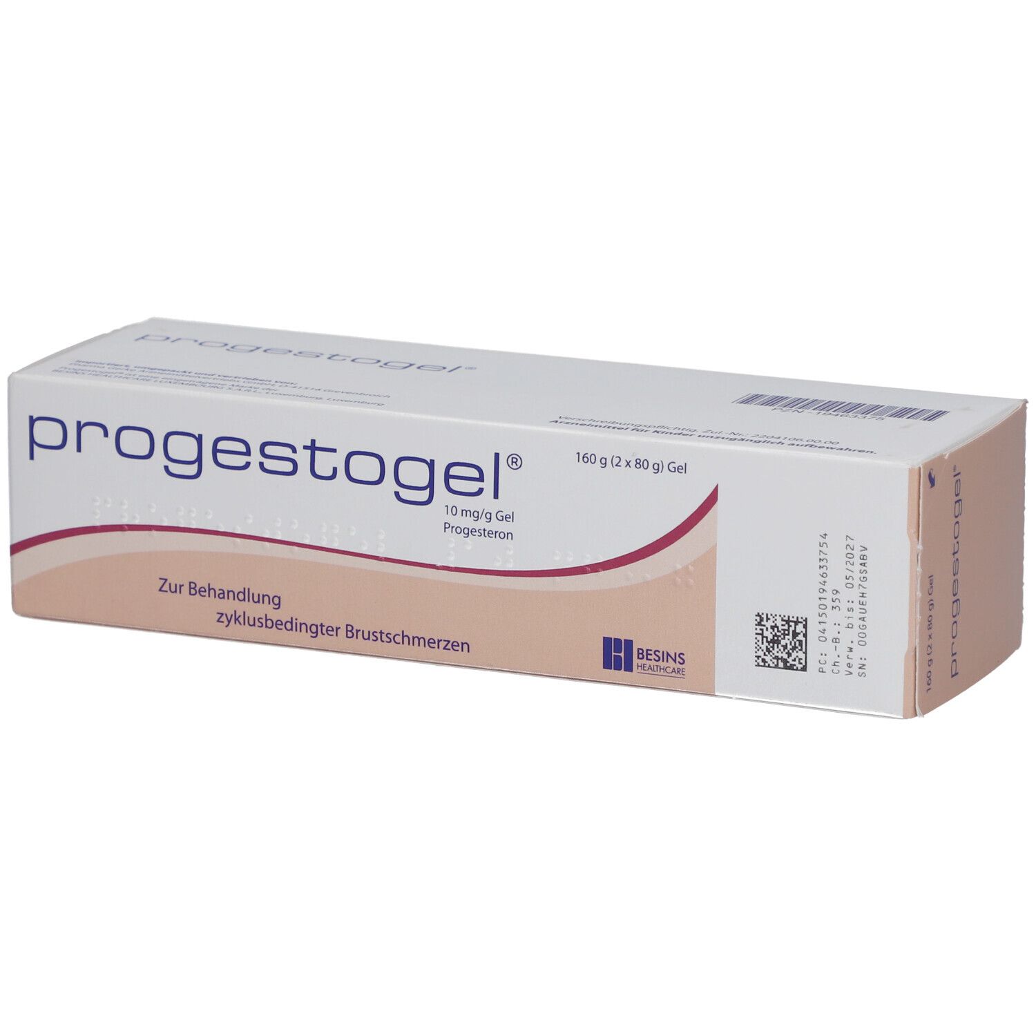 PROGESTOGEL-Verpackung. Aufschrift: 10 mg/g Gel, Progesteron. Text: Zur Behandlung zyklusbedingter Brustschmerzen. Mit Barcode.