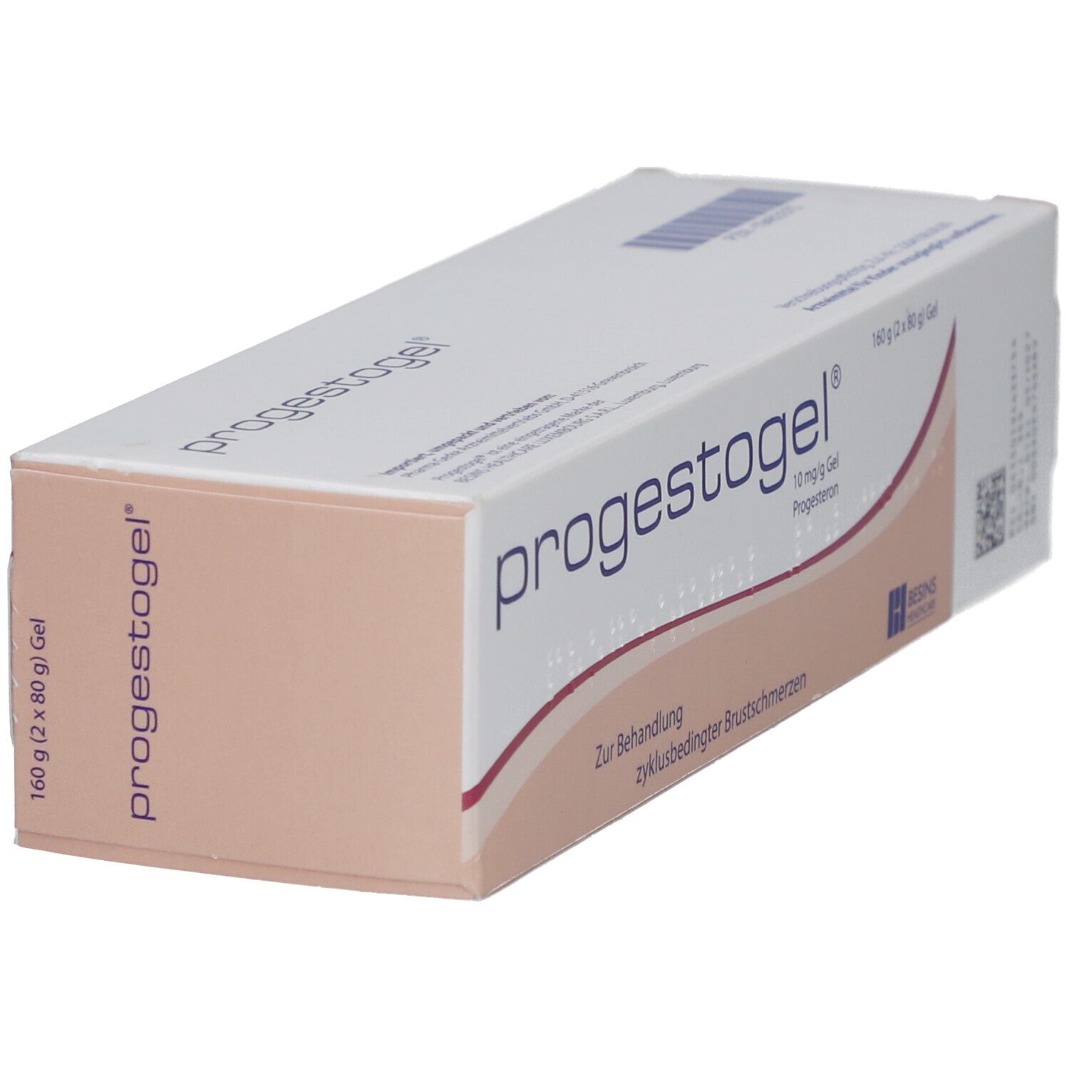 PROGESTOGEL-Verpackung. Aufschrift: 10 mg/g Gel, Progesteron. Text: Zur Behandlung zyklusbedingter Brustschmerzen. Beige und weiß.