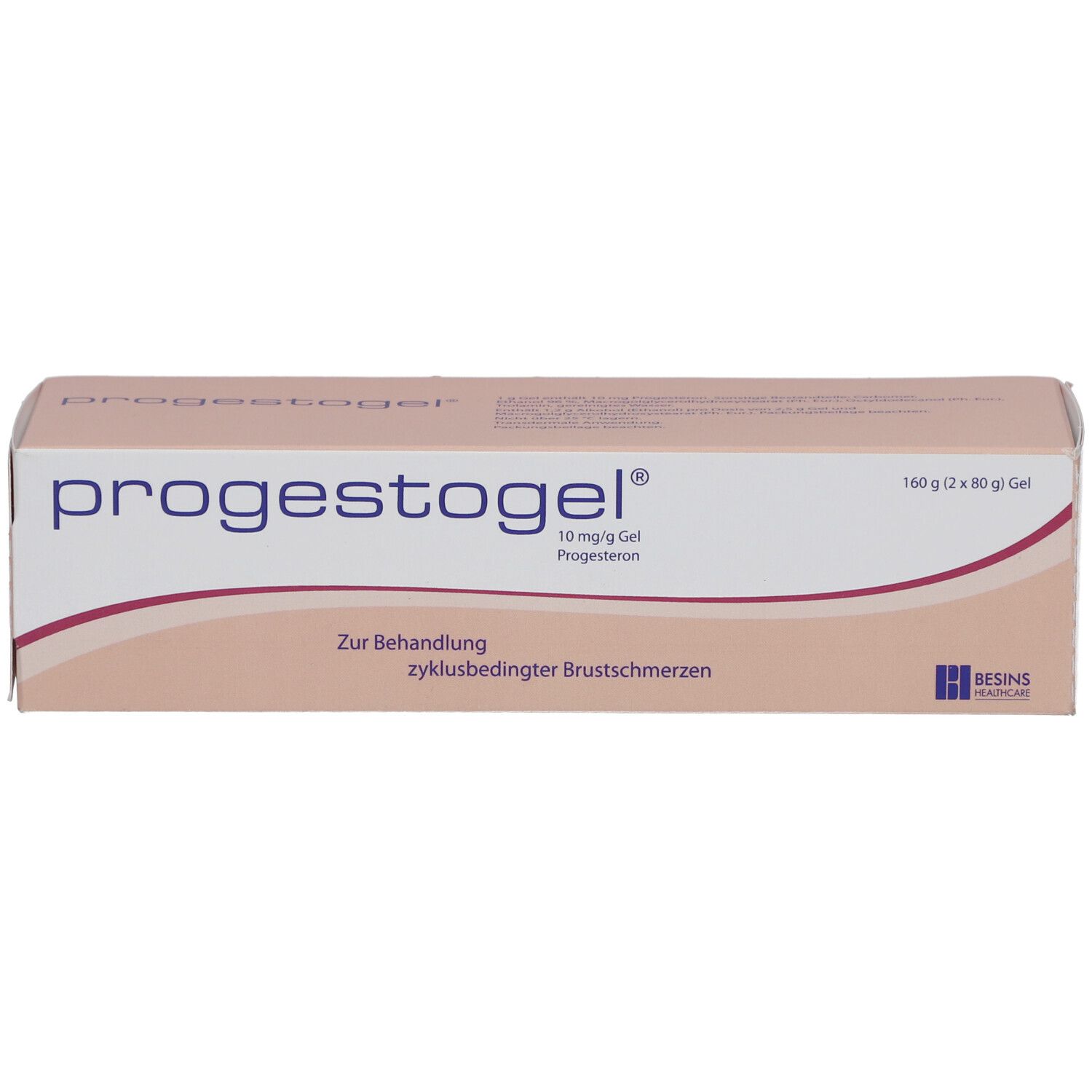 PROGESTOGEL-Verpackung. Aufschrift: 10 mg/g Gel, Progesteron. Text: Zur Behandlung zyklusbedingter Brustschmerzen. Beige und weiß.