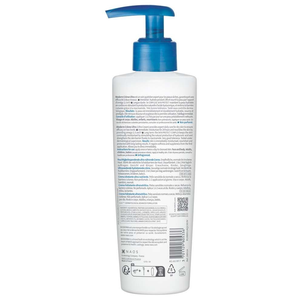 Rückseite einer weißen Flasche mit blauem Pumpkopf. Text in mehreren Sprachen. QR-Code und Logos.