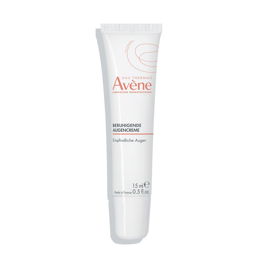 Weiße Tube mit Augencreme. Aufschrift: Eau Thermale Avène, Beruhigende Augencreme, 15 ml.