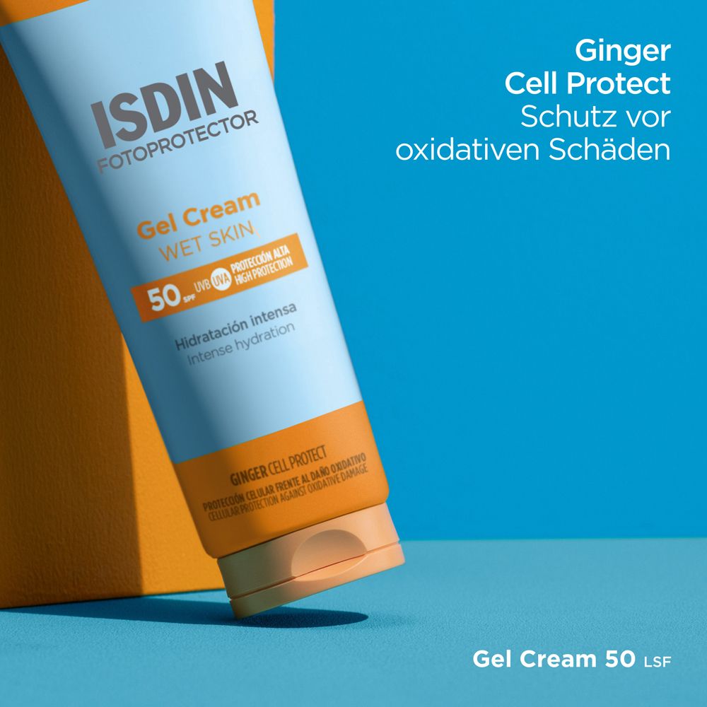 Blaue Tube mit ISDIN-Logo. Text: Gel Cream Wet Skin 50. Ginger Cell Protect.