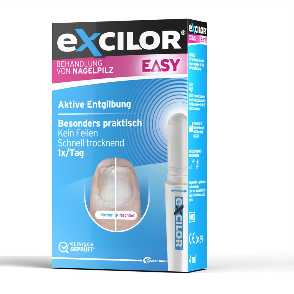 Schachtel mit Excilor® Easy. Produkt und Applikator. Text: Behandlung von Nagelpilz, Aktive Entgilbung, 4 ml.