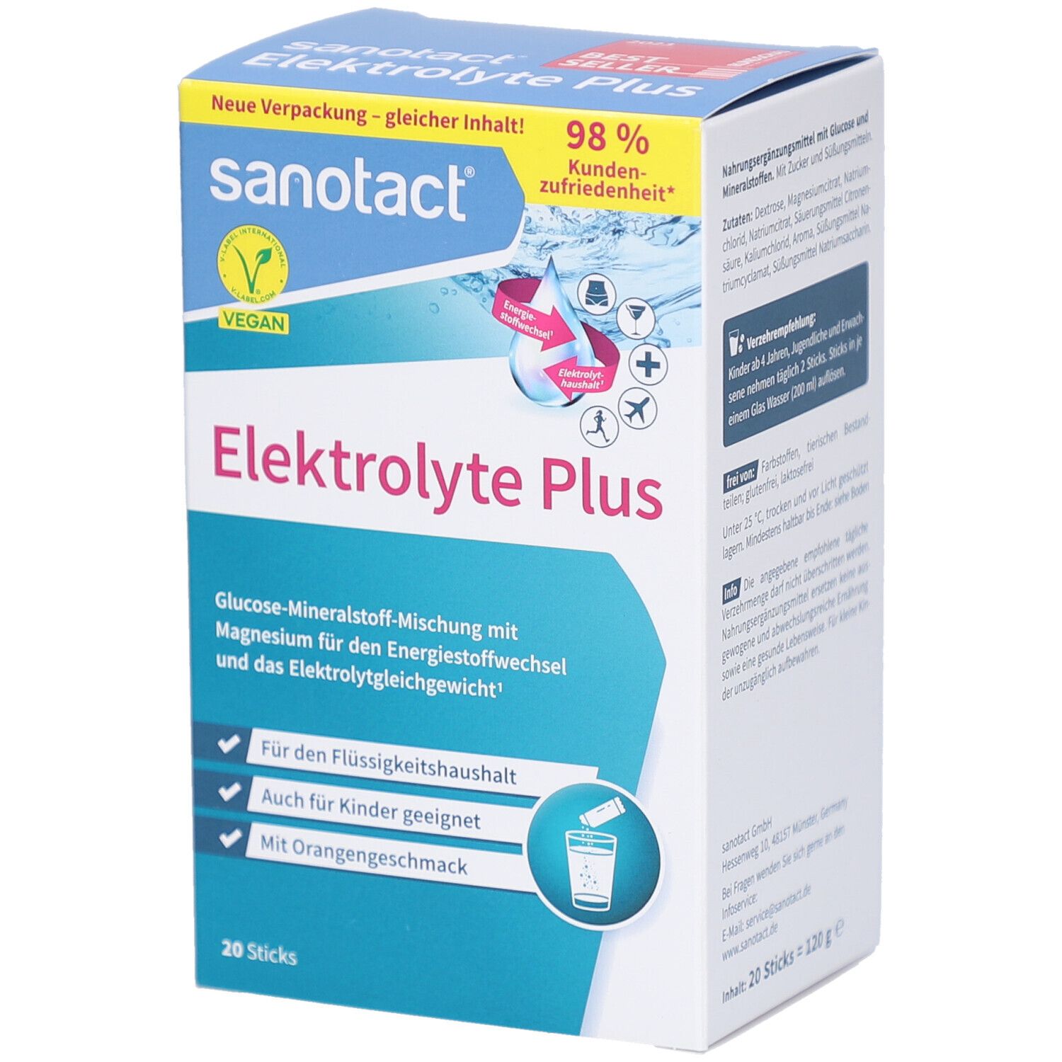 Blau-weiße Schachtel mit sanotact® Elektrolyte Plus. Enthält 20 Sticks. Vegan-Logo. Text: Elektrolyte Plus, Glucose-Mineralstoff-Mischung.