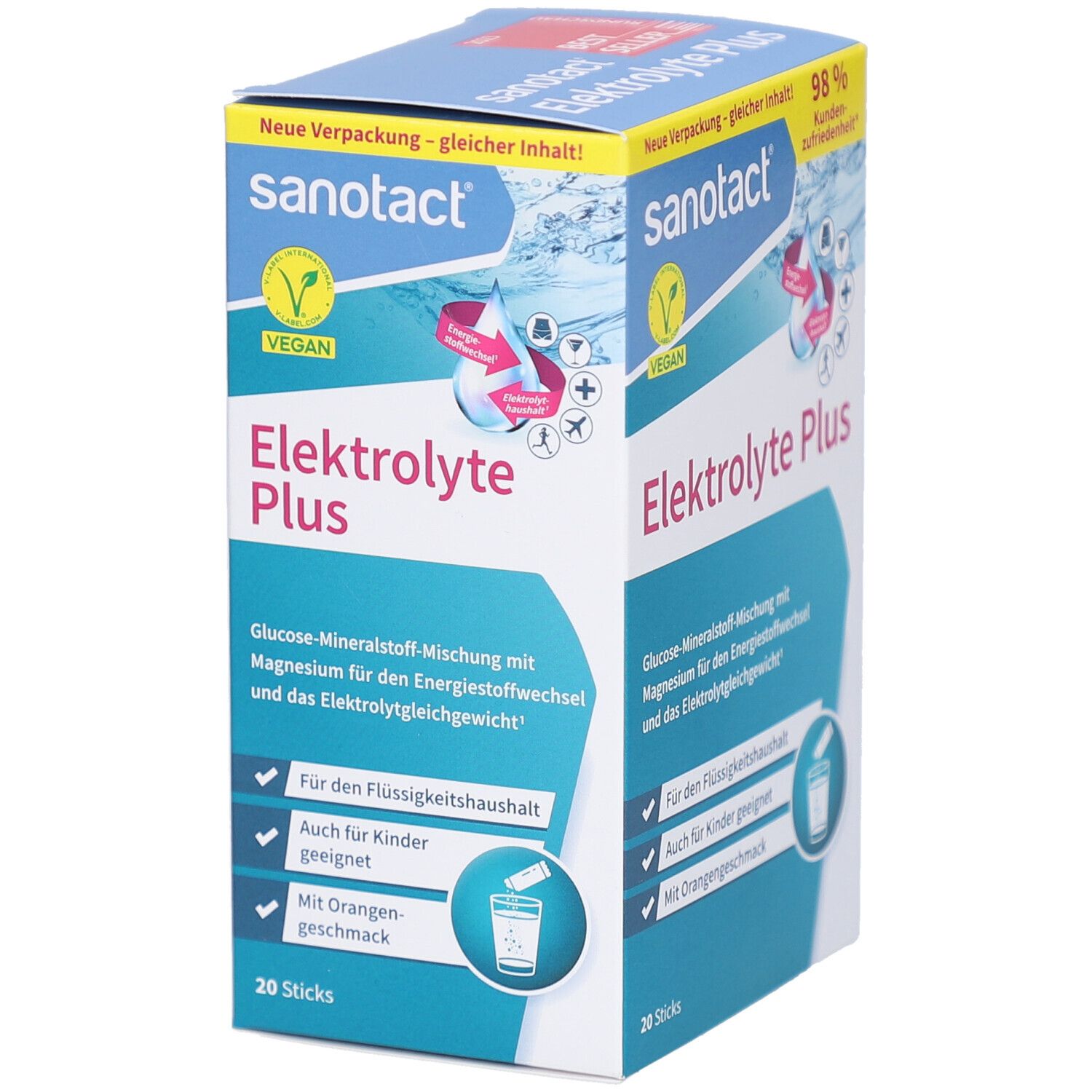Schachtel sanotact® Elektrolyte Plus, blau-weiß. Enthält 20 Sticks. Vegan-Logo. Text: Elektrolyte Plus, Glucose-Mineralstoff-Mischung.