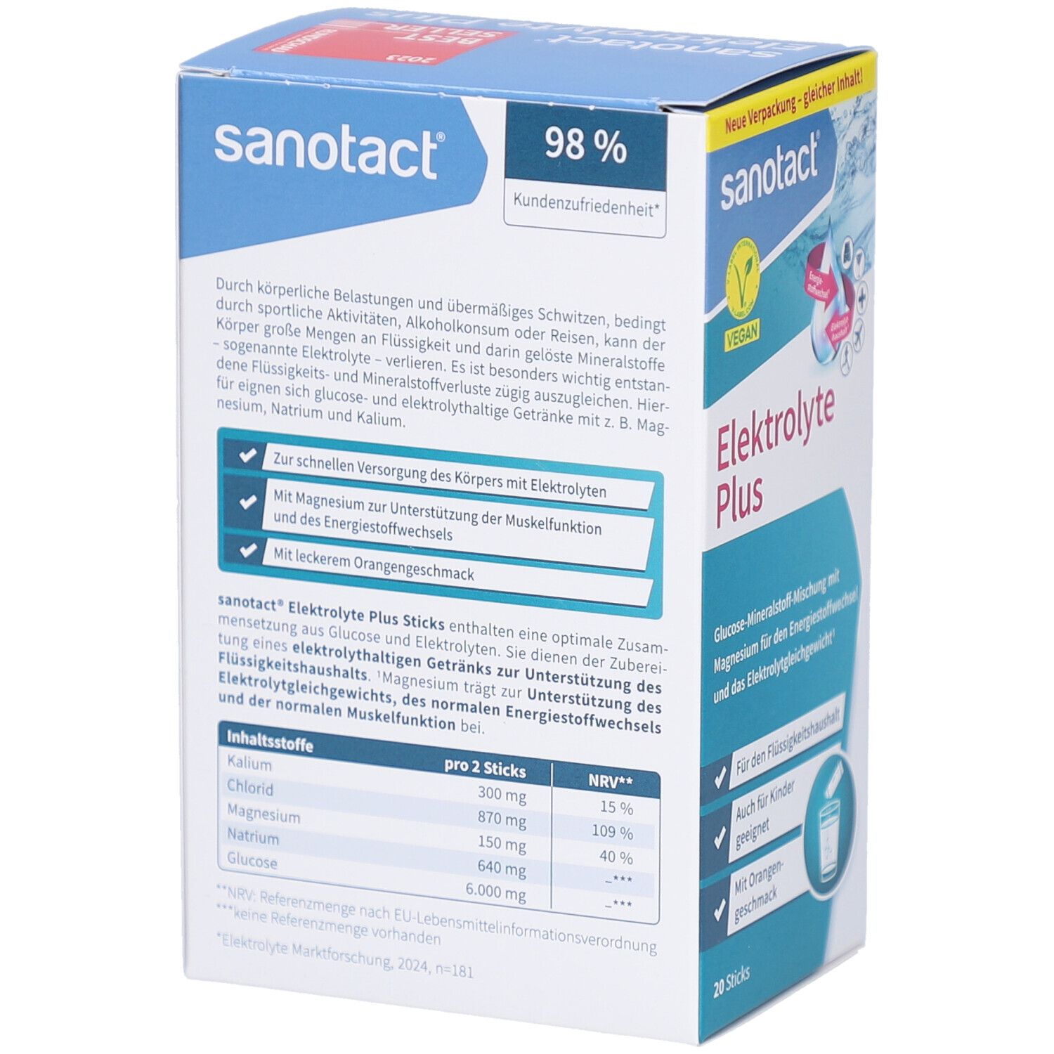 Rückseite der sanotact® Elektrolyte Plus Schachtel. Enthält Informationen zu Inhaltsstoffen, Nährwerten und Verzehrempfehlung. 20 Sticks.