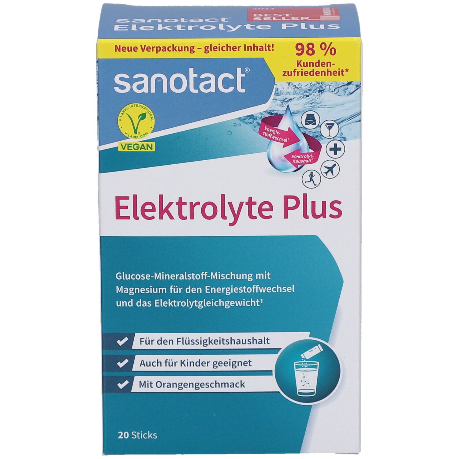 Blau-weiße Schachtel sanotact® Elektrolyte Plus. Enthält 20 Sticks. Vegan-Logo. Text: Elektrolyte Plus, Glucose-Mineralstoff-Mischung.