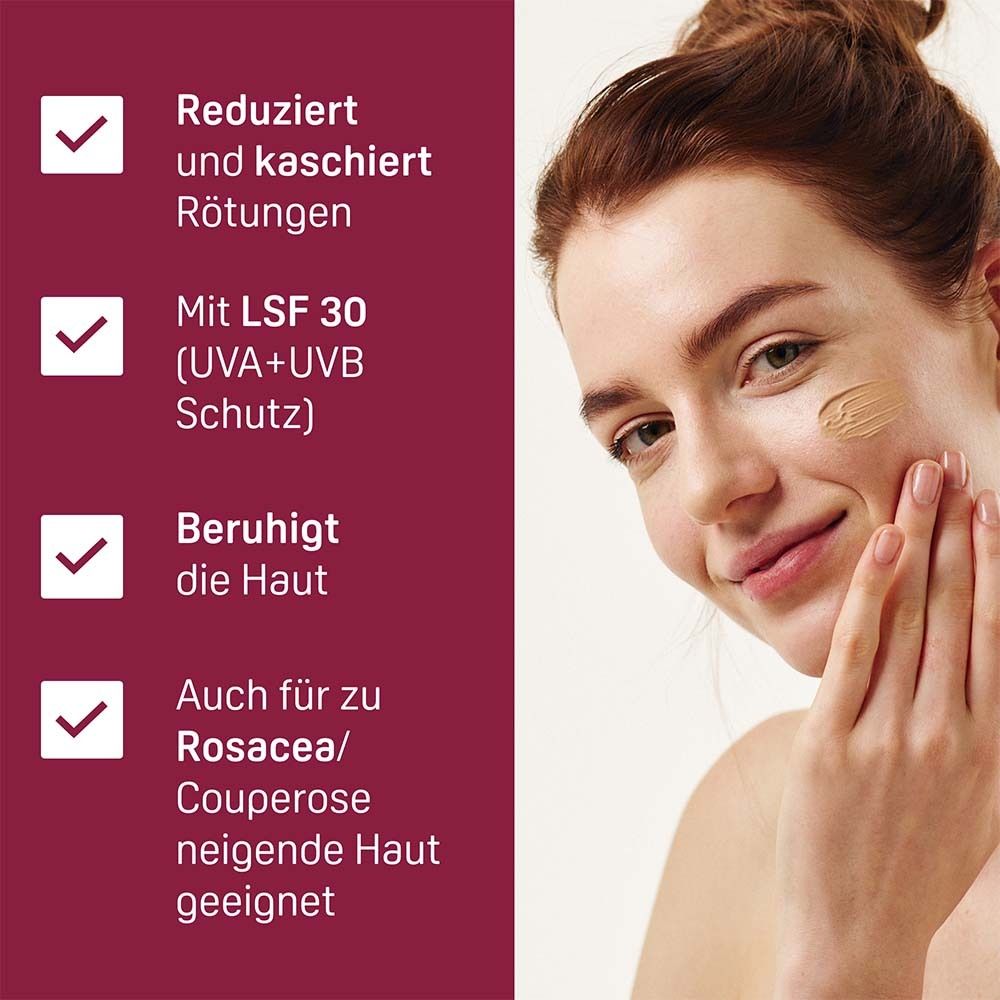 Text auf rotem Hintergrund. Reduziert Rötungen, LSF 30, beruhigt die Haut, auch für Rosacea-Haut geeignet. Check-Symbole.