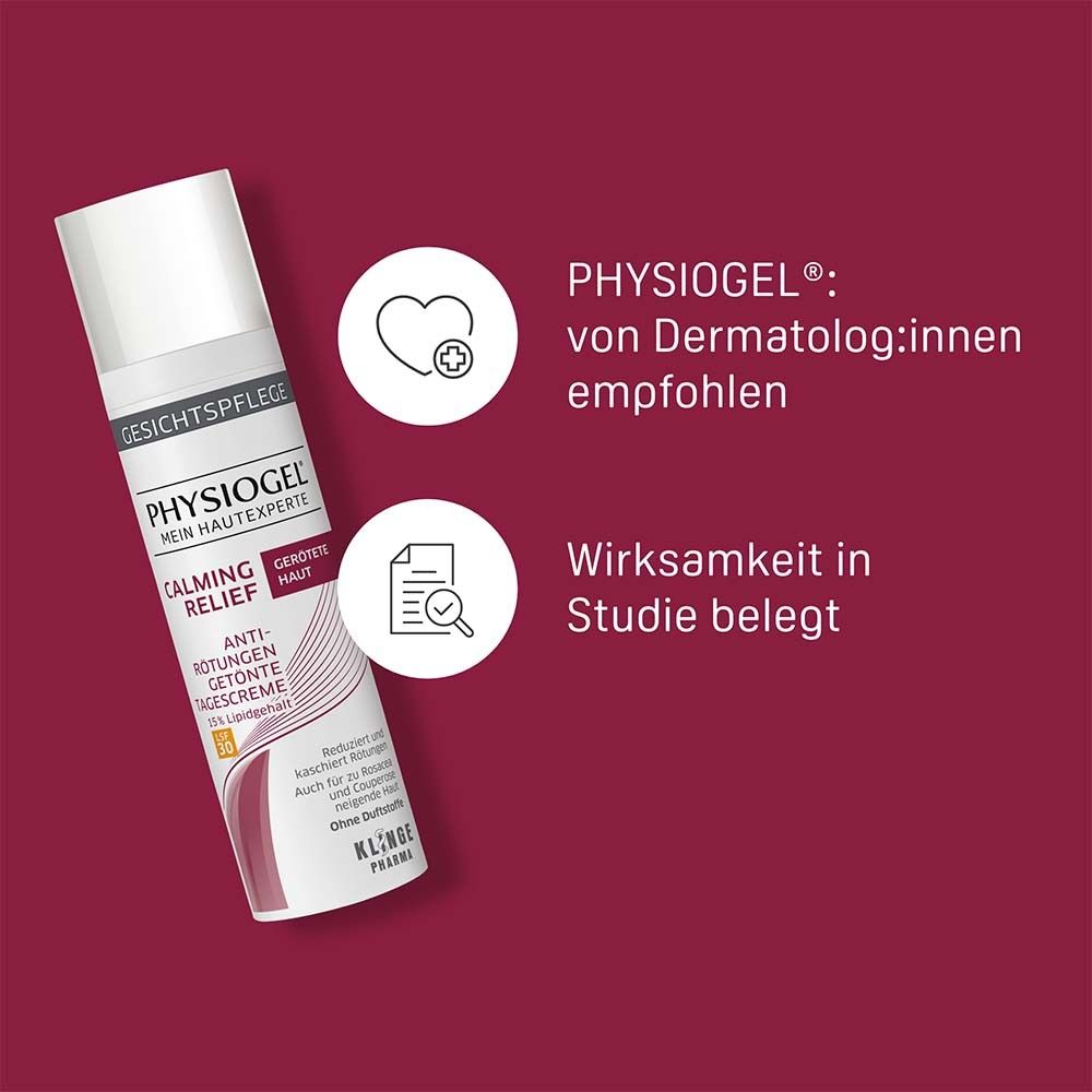 Text auf rotem Hintergrund. PHYSIOGEL® von Dermatologen empfohlen. Wirksamkeit in Studie belegt. Logos und Text.