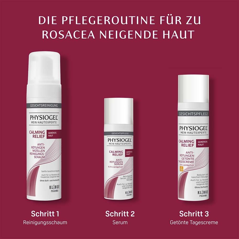 Drei Produkte nebeneinander. PHYSIOGEL® Calming Relief. Reinigungsschaum, Serum, getönte Tagescreme. Text und Logos.
