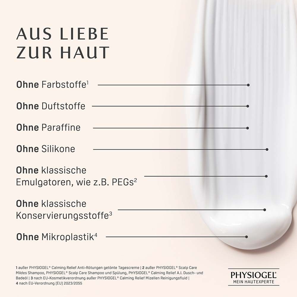 Text auf weißem Hintergrund. Ohne Farbstoffe, Duftstoffe, Paraffine, Silikone, Emulgatoren, Konservierungsstoffe, Mikroplastik.
