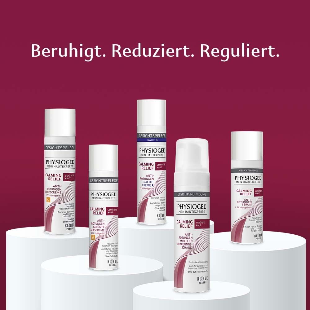 Mehrere Produkte nebeneinander. PHYSIOGEL® Calming Relief. Reinigungsschaum, Serum, Cremes. Text und Logos.