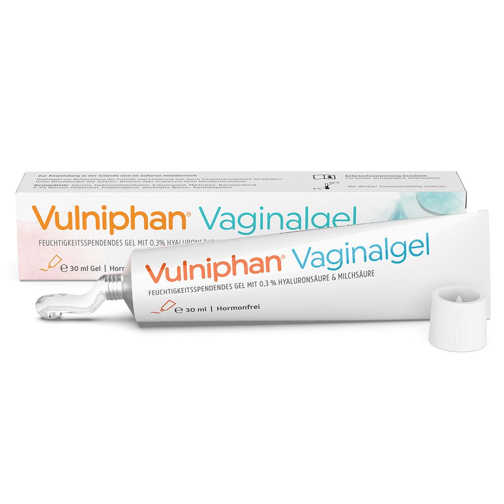 Tube und Faltschachtel mit Produktnamen. Aufschrift: Vulniphan Vaginalgel. 30 ml Gel, hormonfrei.
