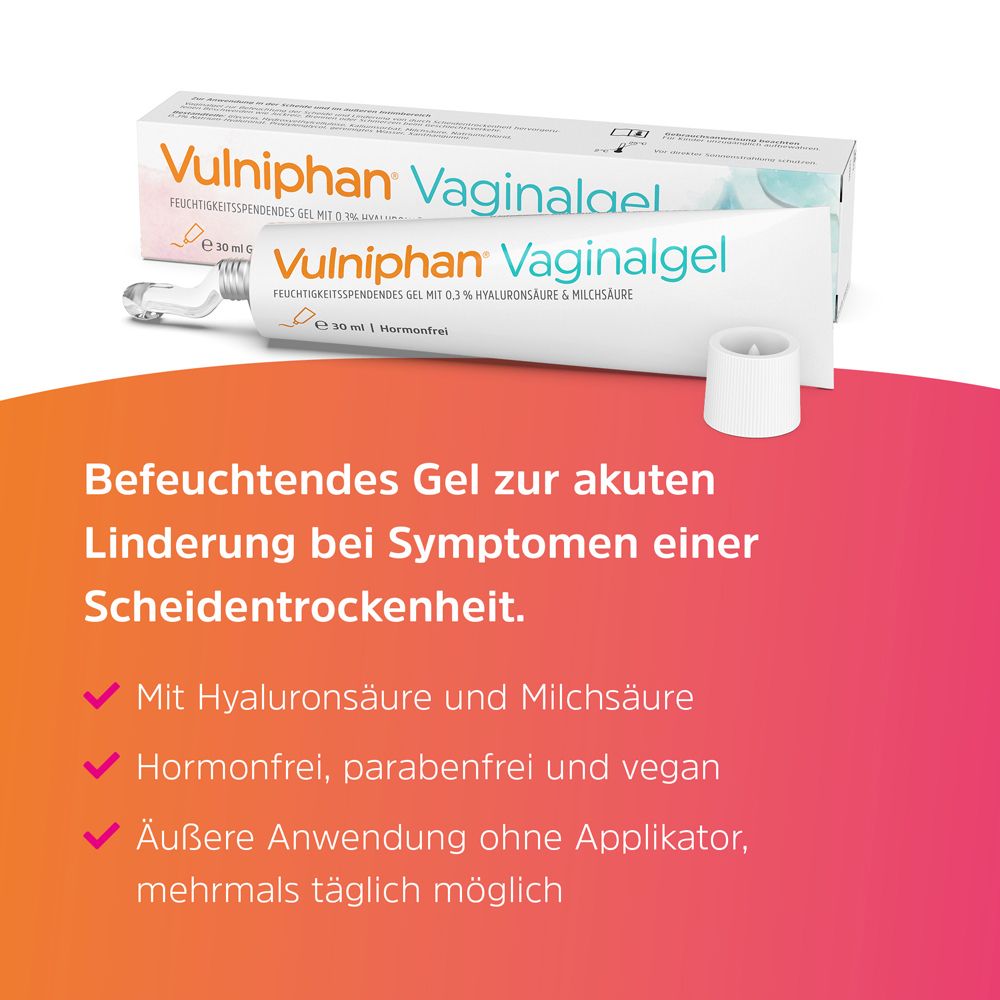 Produkt, Tube und Faltschachtel. Aufschrift: Vulniphan Vaginalgel. Befeuchtendes Gel. Mit Hyaluronsäure und Milchsäure.