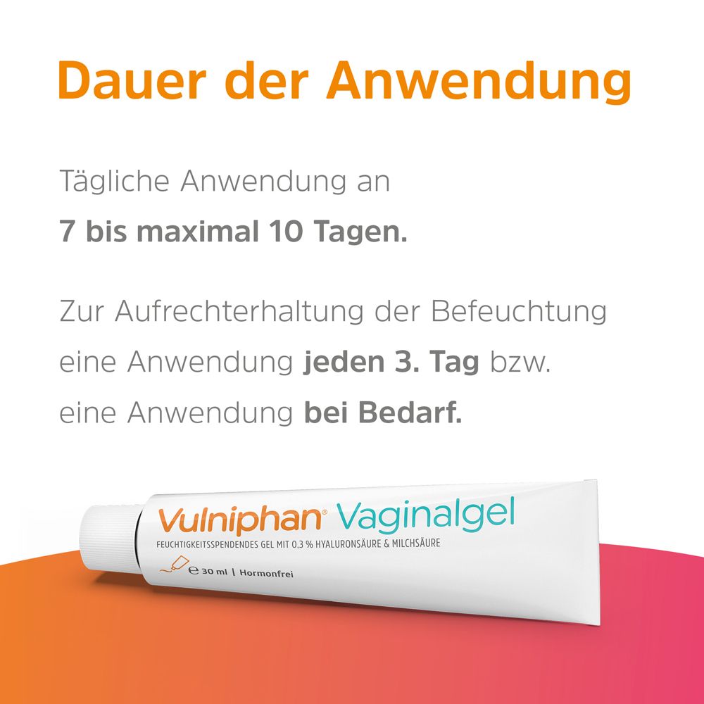 Produkt und Text. Aufschrift: Vulniphan Vaginalgel. Anwendung 7 bis 10 Tage. Zur Aufrechterhaltung alle 3 Tage.