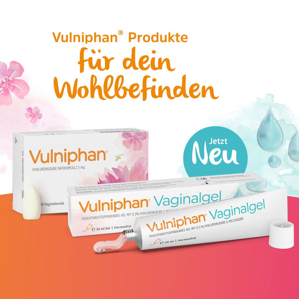 Produktreihe. Aufschrift: Vulniphan Produkte. Zwei Tuben und eine Packung. Jetzt neu.