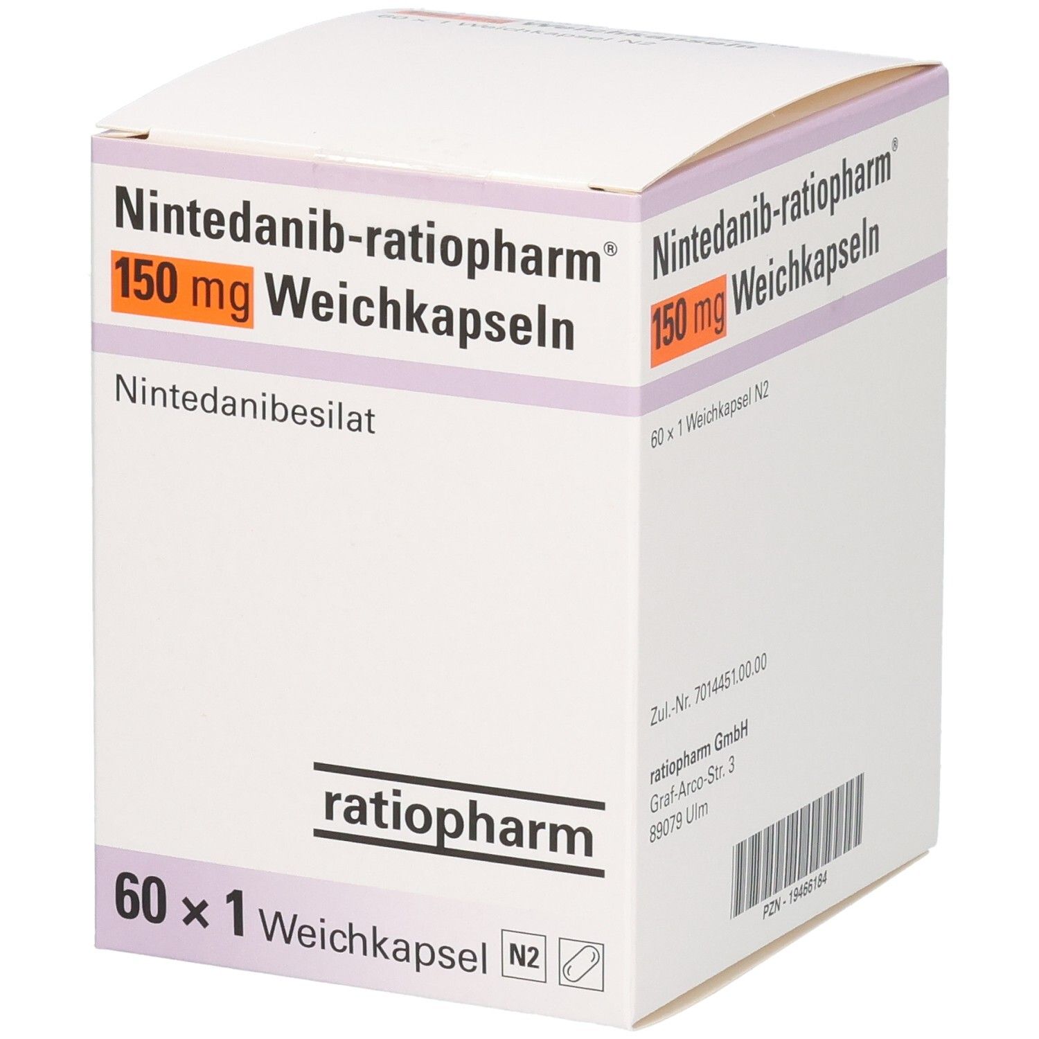 Schachtel NINTEDANIB-ratiopharm 150 mg Weichkapseln. Aufschrift: 150 mg, 60 x 1 Weichkapsel. Logo ratiopharm.