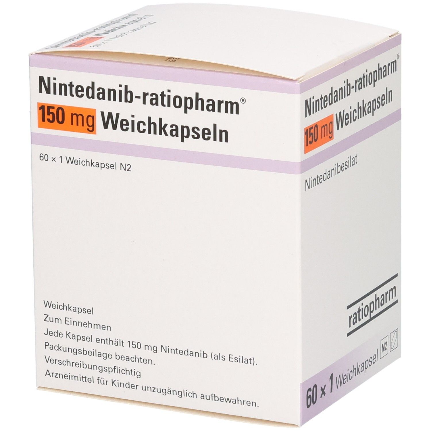 Schachtel NINTEDANIB-ratiopharm 150 mg Weichkapseln. Aufschrift: 150 mg, 60 x 1 Weichkapsel. Text: Weichkapsel, ratiopharm.