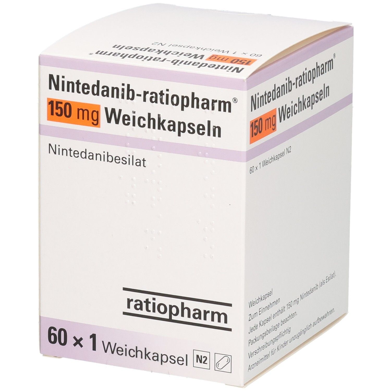Schachtel NINTEDANIB-ratiopharm 150 mg Weichkapseln. Aufschrift: 150 mg, 60 x 1 Weichkapsel. Logo ratiopharm.
