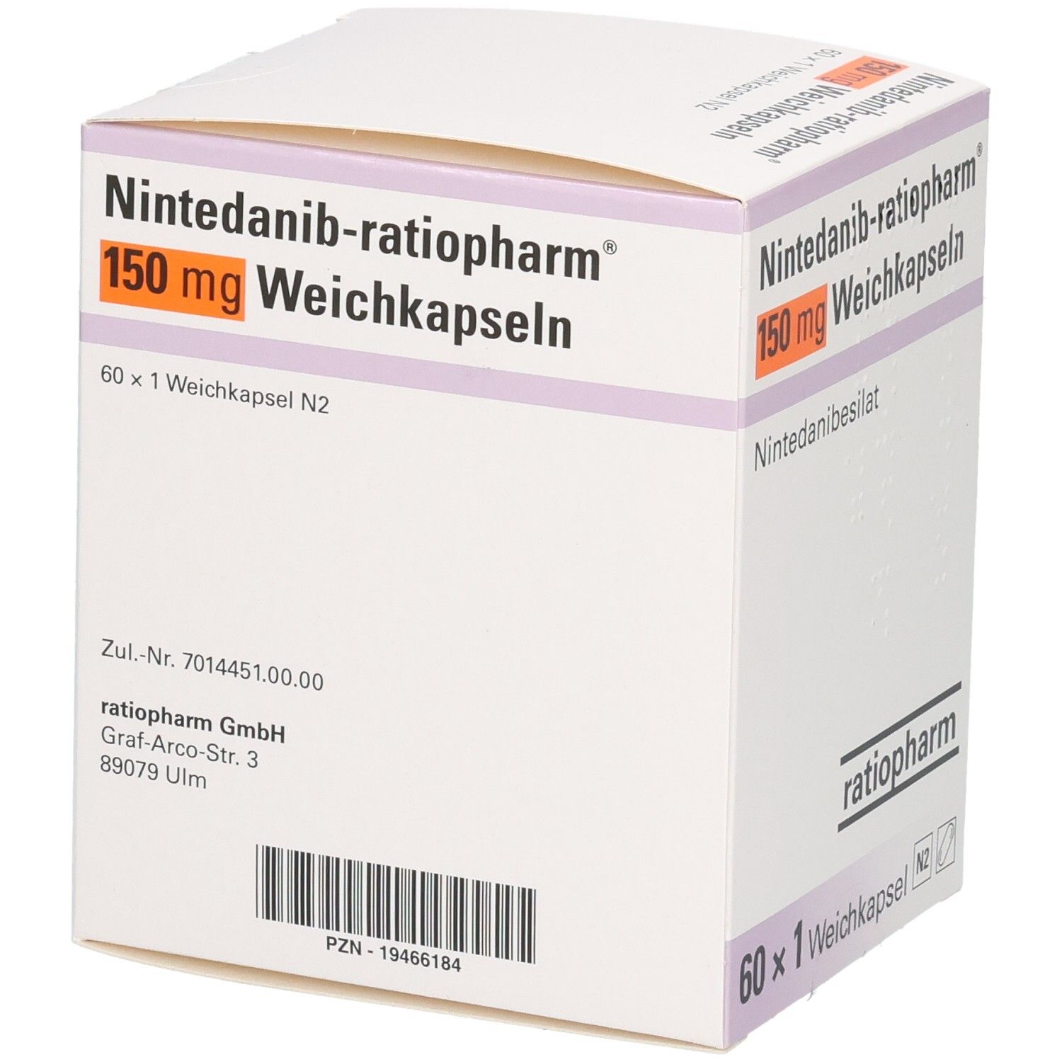 Schachtel NINTEDANIB-ratiopharm 150 mg Weichkapseln. Aufschrift: 150 mg, 60 x 1 Weichkapsel. Logo ratiopharm.