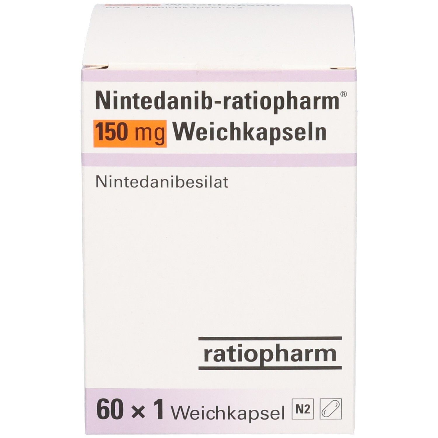 Schachtel NINTEDANIB-ratiopharm 150 mg Weichkapseln. Aufschrift: 150 mg, 60 x 1 Weichkapsel. Logo ratiopharm.