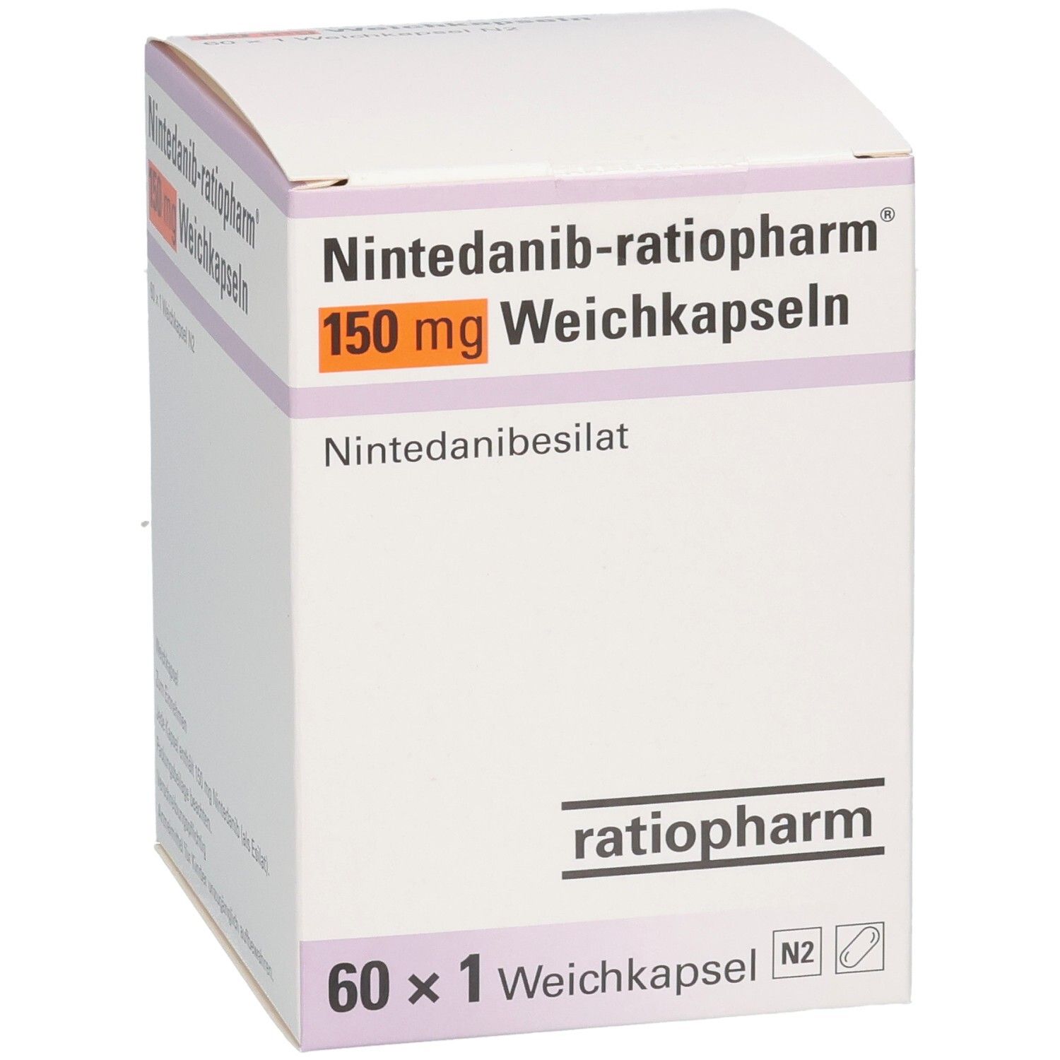 Schachtel NINTEDANIB-ratiopharm 150 mg Weichkapseln. Aufschrift: 150 mg, 60 x 1 Weichkapsel. Logo ratiopharm.