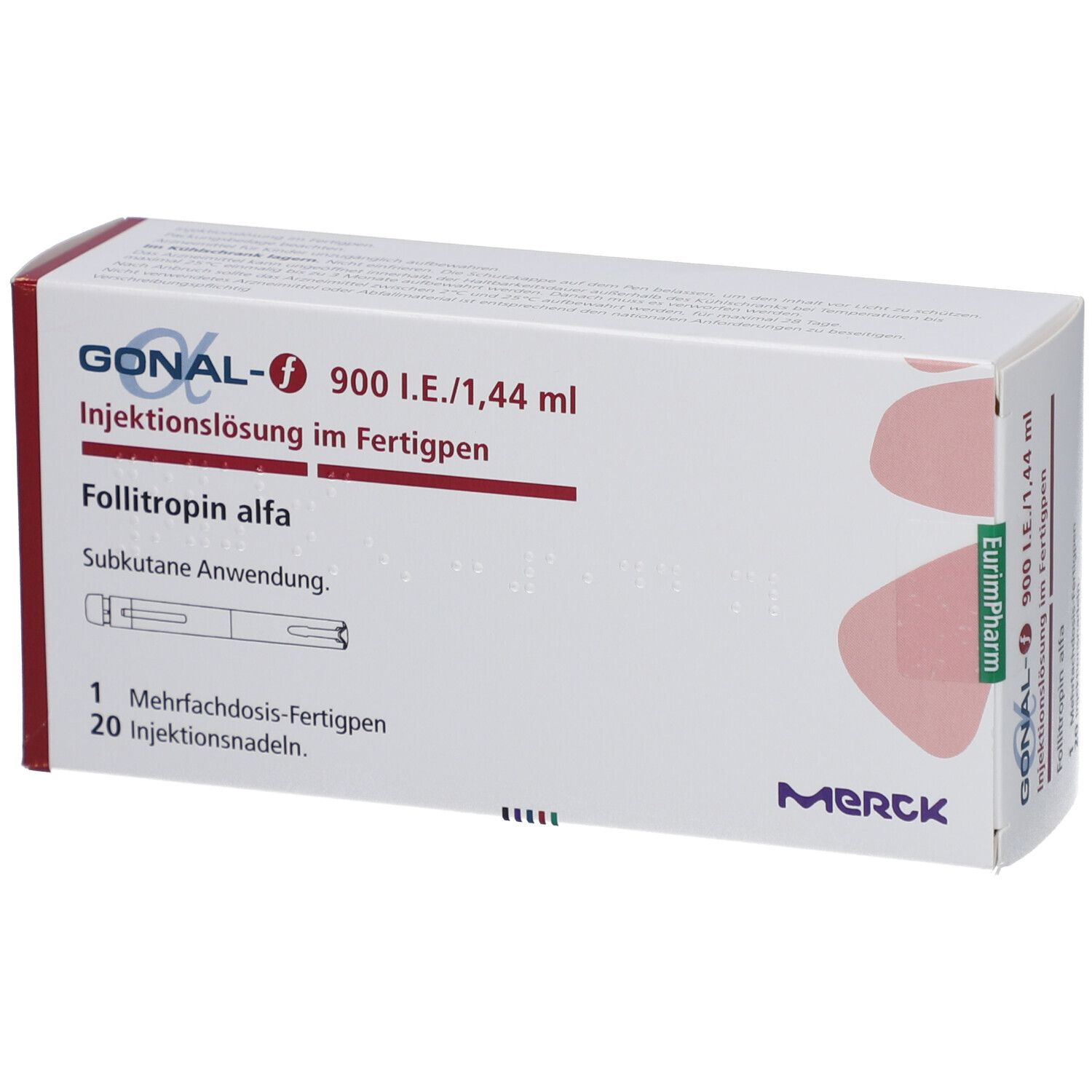 Verpackung von GONAL-f 900 I.E./1,44 ml. Enthält einen Fertigpen und 20 Injektionsnadeln. Merck Logo.