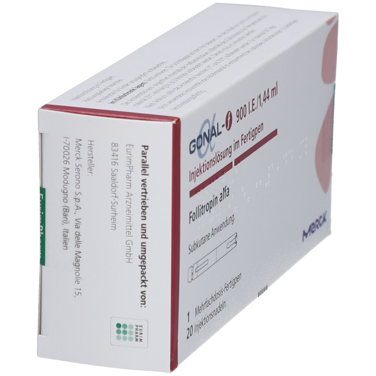 Verpackung von GONAL-f 900 I.E./1,44 ml. Enthält einen Fertigpen und 20 Injektionsnadeln. Merck Logo.
