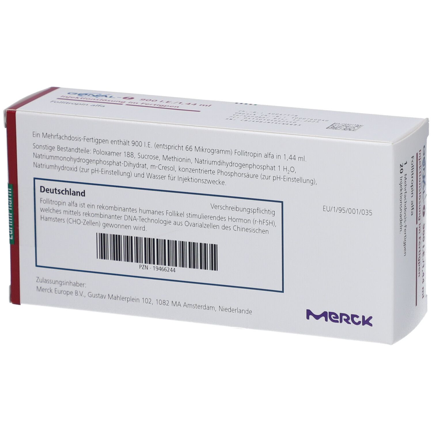 Verpackung von GONAL-f 900 I.E./1,44 ml. Enthält einen Fertigpen und 20 Injektionsnadeln. Merck Logo.