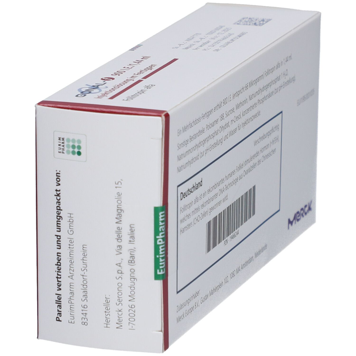 Verpackung von GONAL-f 900 I.E./1,44 ml. Enthält einen Fertigpen und 20 Injektionsnadeln. Merck Logo.