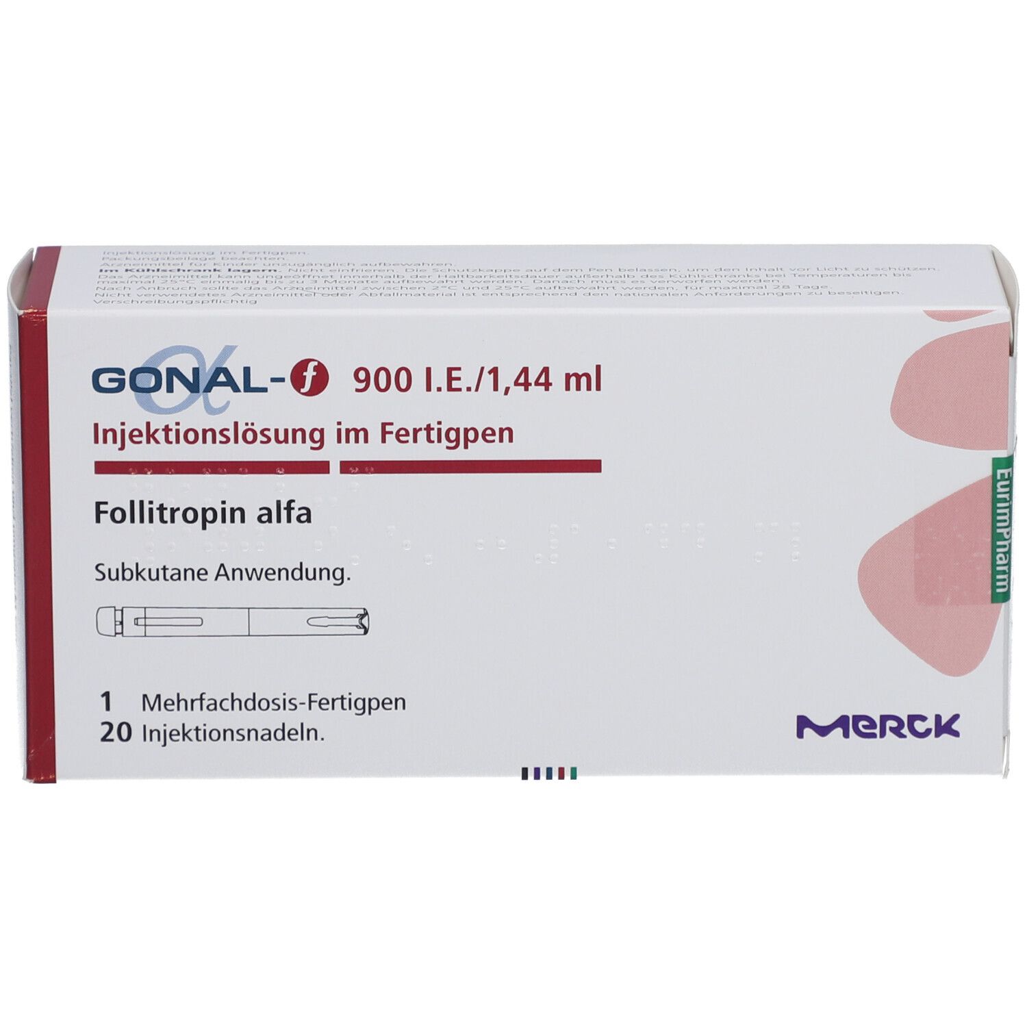 Verpackung von GONAL-f 900 I.E./1,44 ml. Enthält einen Fertigpen und 20 Injektionsnadeln. Merck Logo.