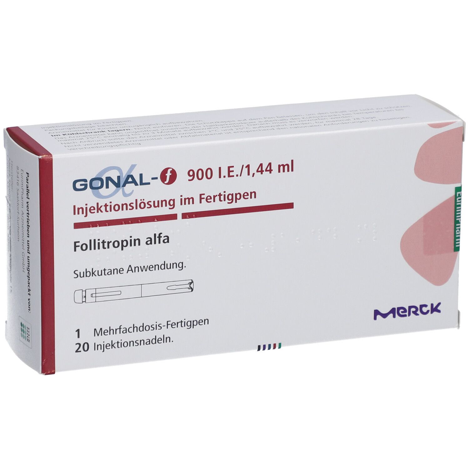 Verpackung von GONAL-f 900 I.E./1,44 ml. Enthält einen Fertigpen und 20 Injektionsnadeln. Merck Logo.