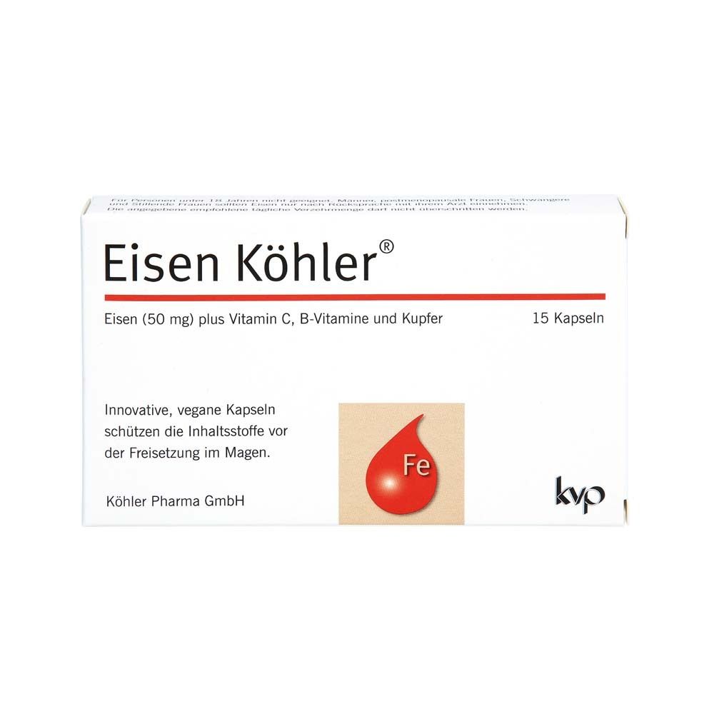 Schachtel Eisen Köhler® mit 15 Kapseln. Enthält Eisen, Vitamin C, B-Vitamine und Kupfer. KVP Logo.