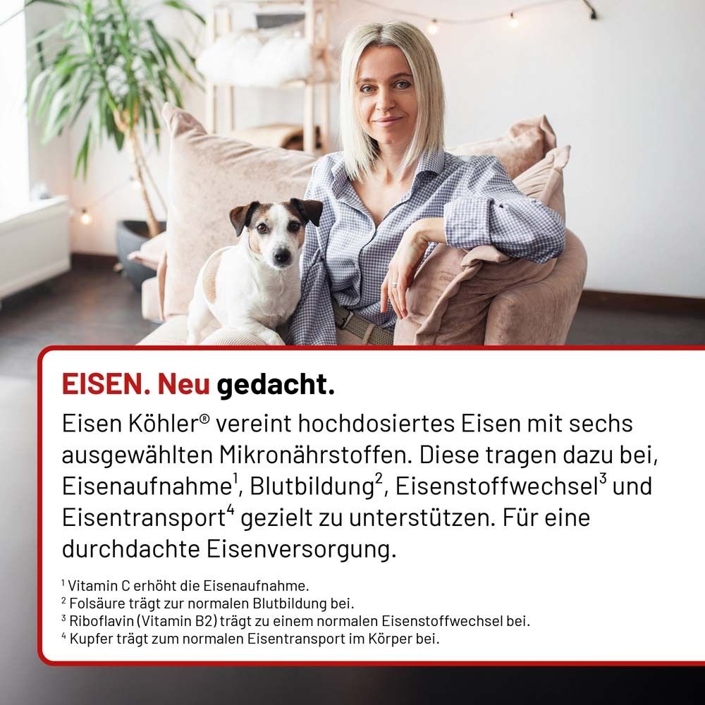 Frau mit Hund und Text: Eisen Köhler® mit Eisen und Mikronährstoffen für Eisenaufnahme, Blutbildung, Eisenstoffwechsel.